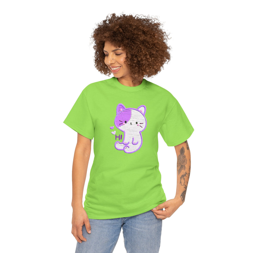 Cute Purple Cat “Hi” T-Shirt — Kawaii Kitten Graphic Tee