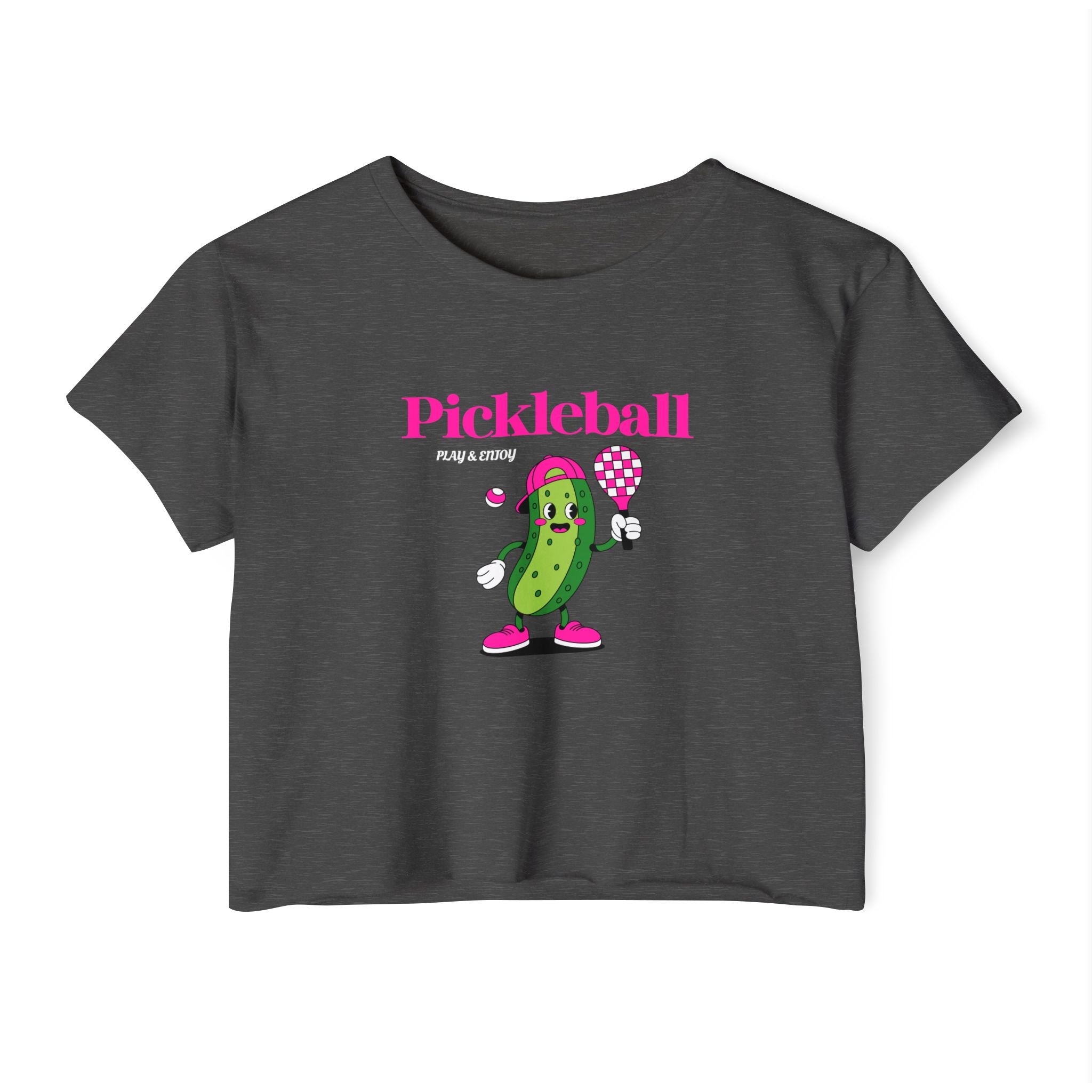 Pickleball Festival Crop Top — Cute Pickle Character Graphic Tee for Women