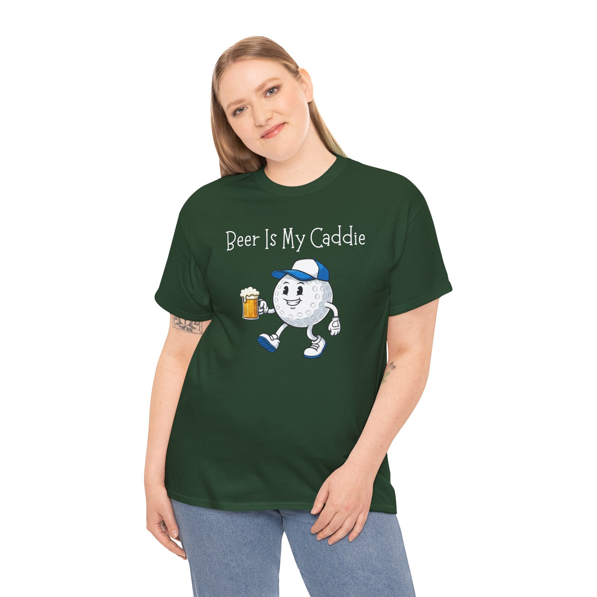 Golf Ball Cartoon Tee — "Beer Is My Caddie" Funny Golf Shirt