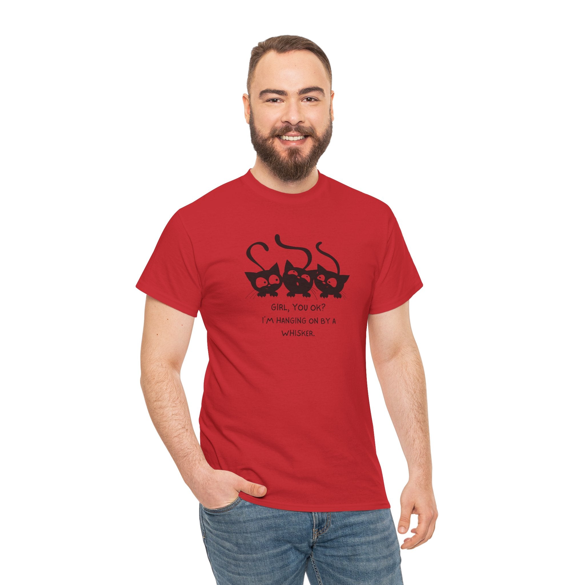 Cat Trio T‑Shirt – “Girl, You OK? I’m Hanging On By A Whisper” Cute Cat Graphic Tee