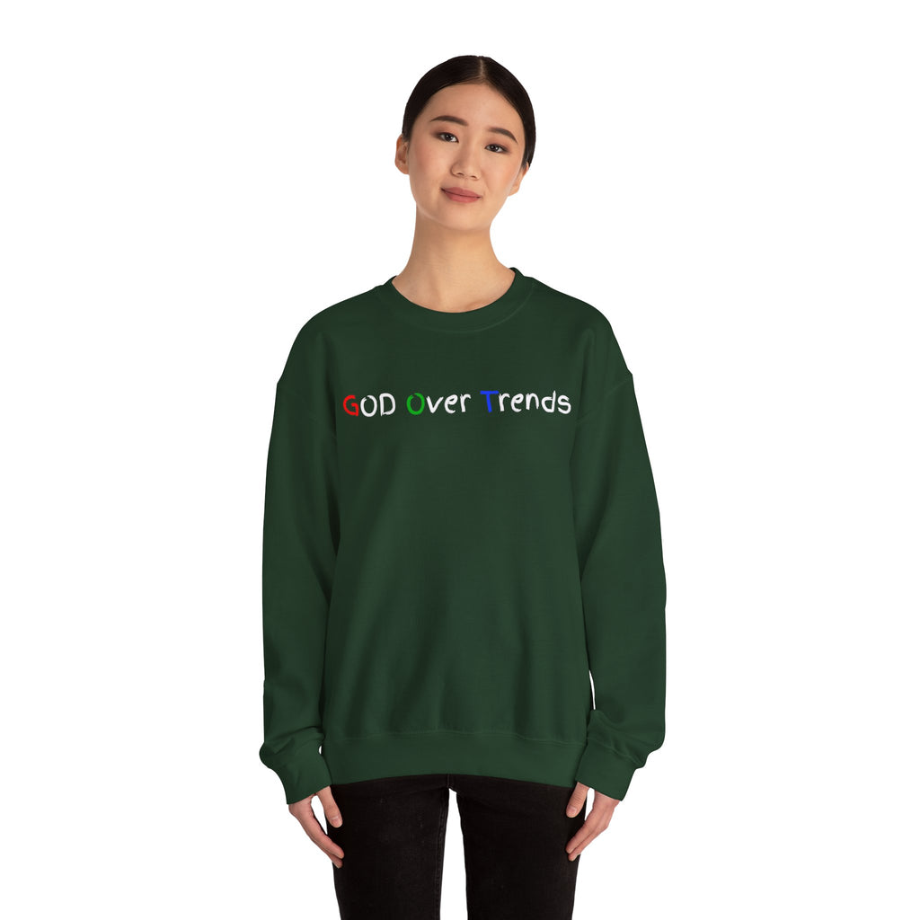 Crewneck Sweatshirt — "GOD over Trends" Colorful Faith Graphic