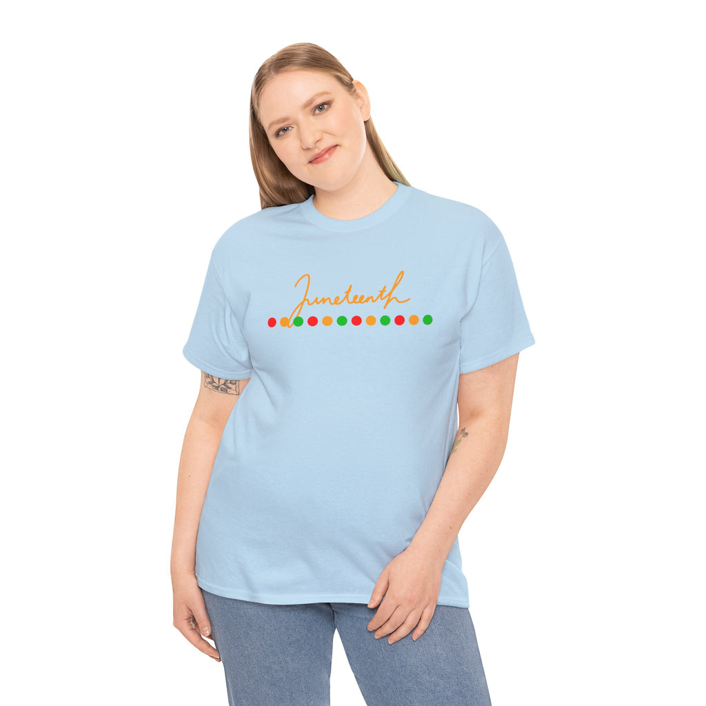Juneteenth Script Tee — Juneteenth Celebration T-Shirt with Red, Green & Gold Dot Accent