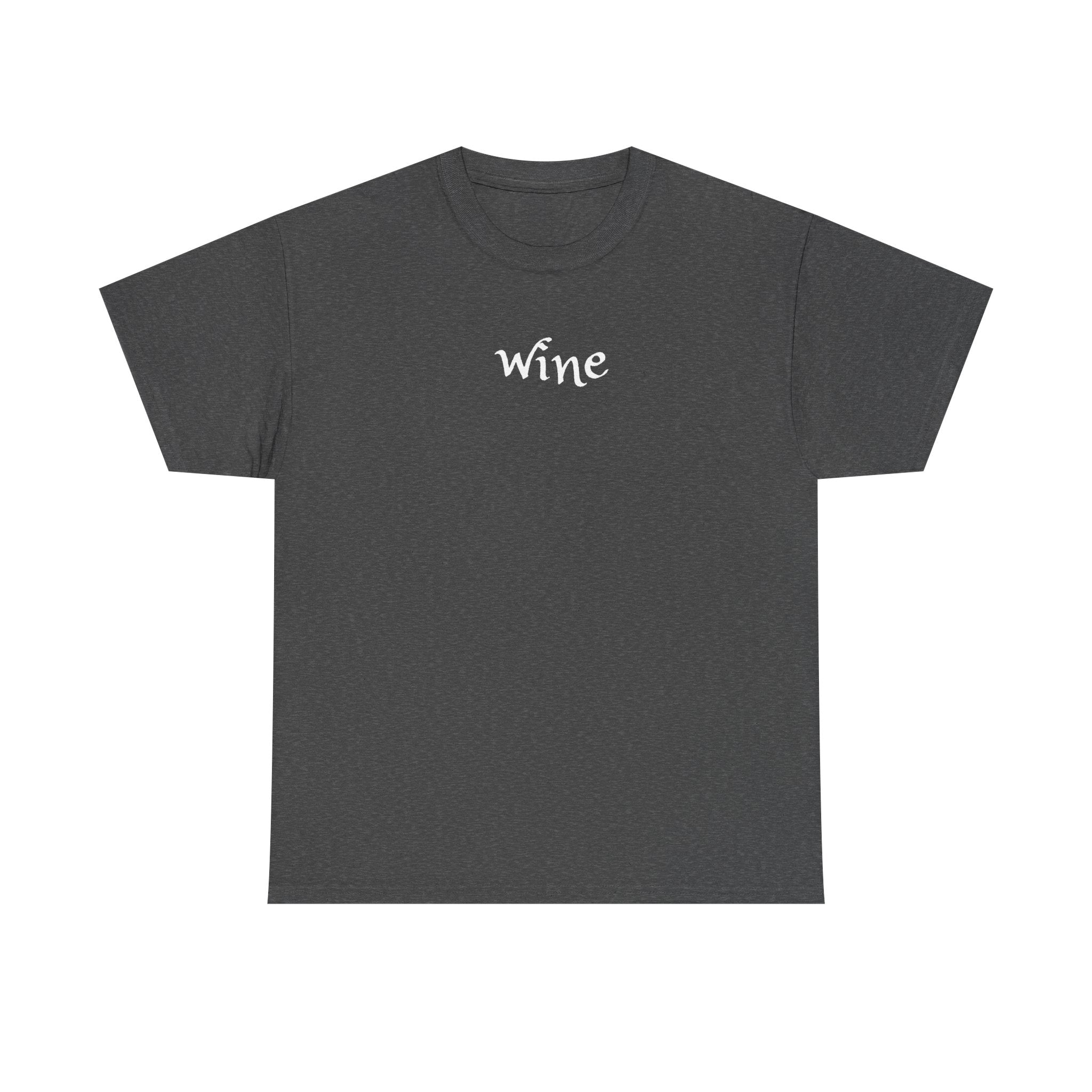 Wine Graphic Tee — Minimalist Small Chest 'wine' Text T‑Shirt