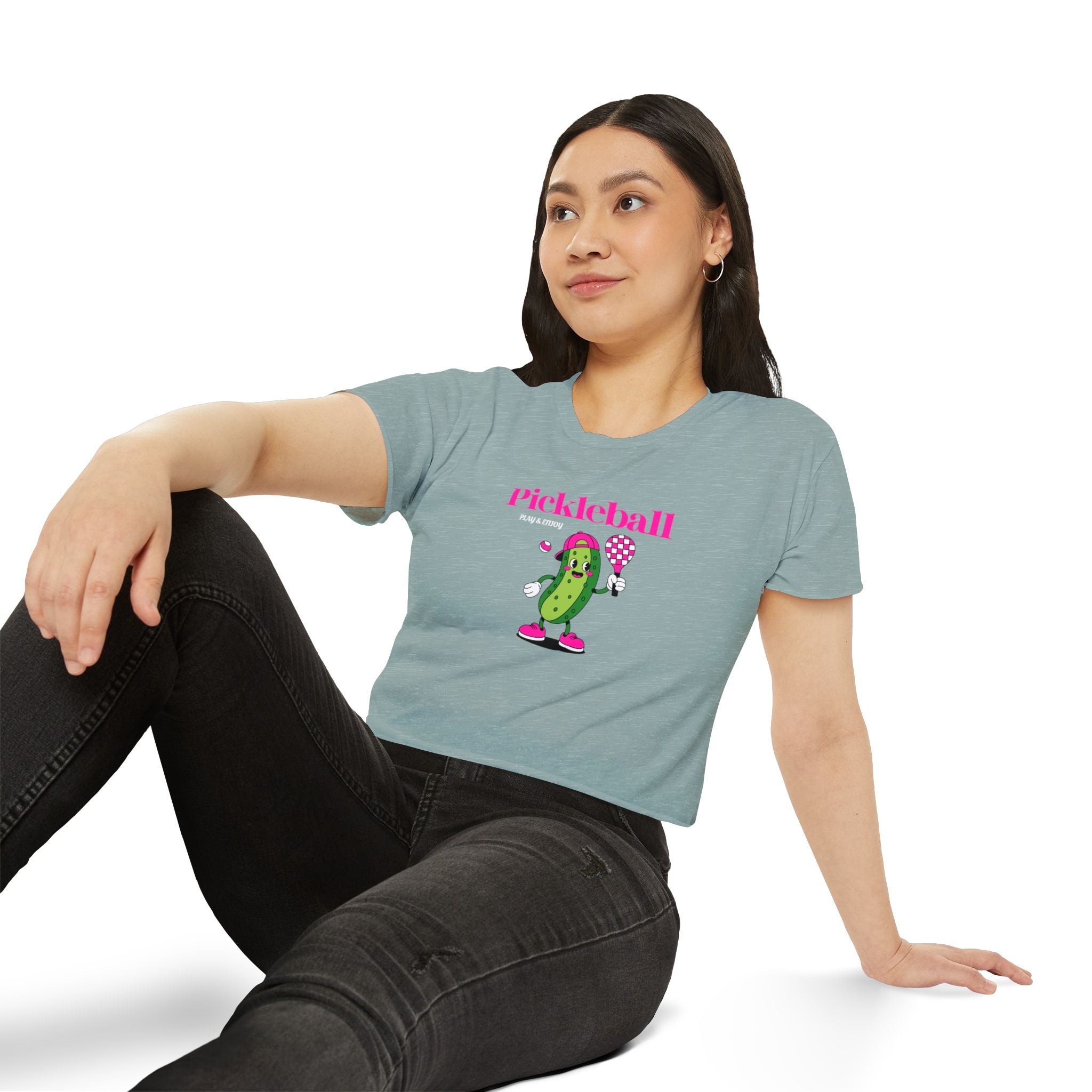 Pickleball Festival Crop Top — Cute Pickle Character Graphic Tee for Women
