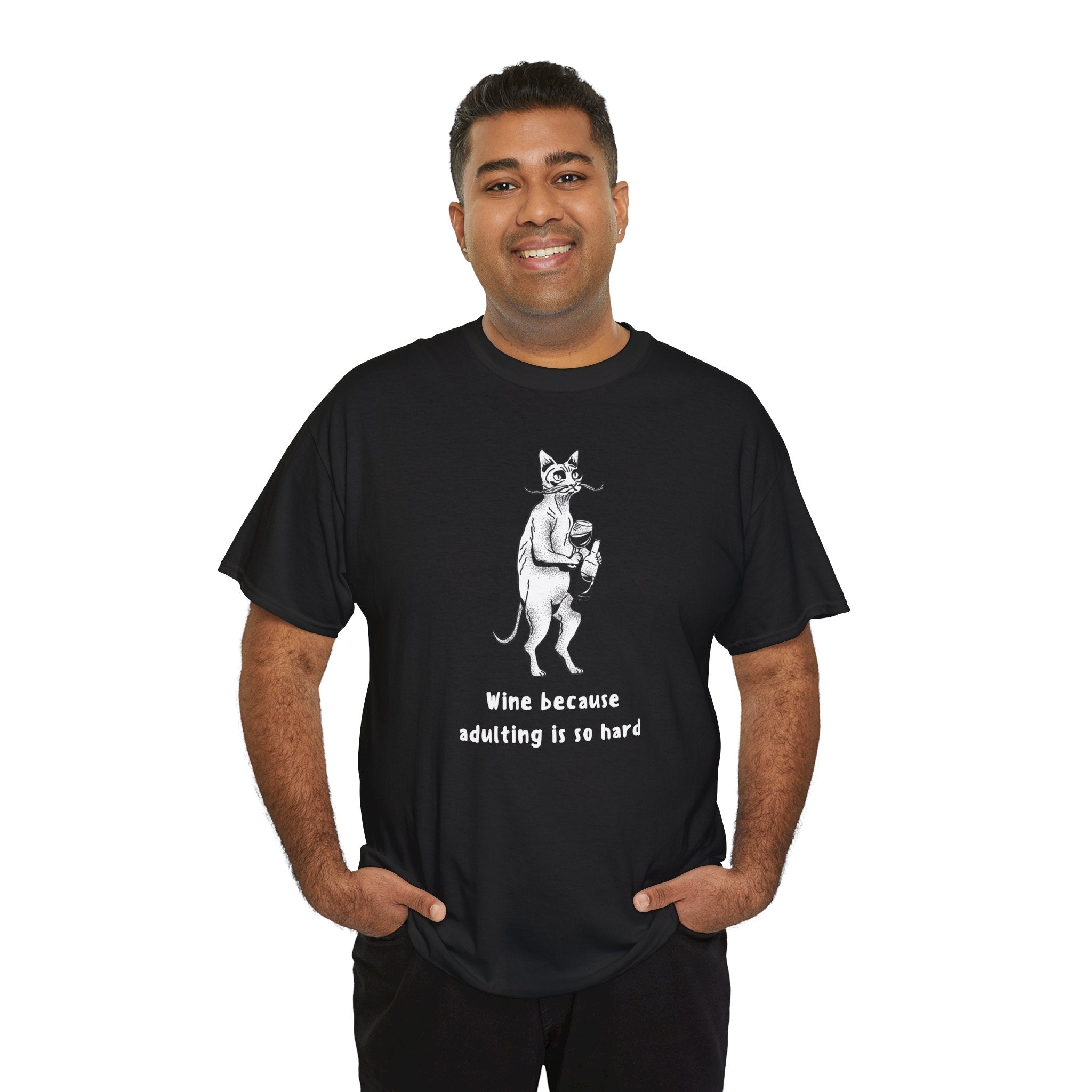 T-Shirt — 'Wine because adulting is so hard' Cat Wine Graphic Tee