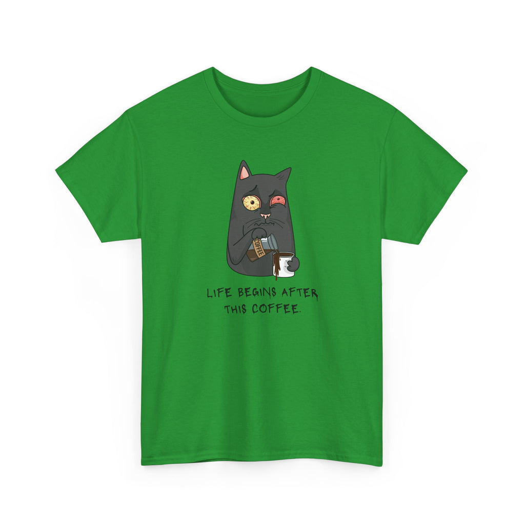 Cat Coffee T-Shirt — "Life Begins After This Coffee" Cute Cat Graphic Tee