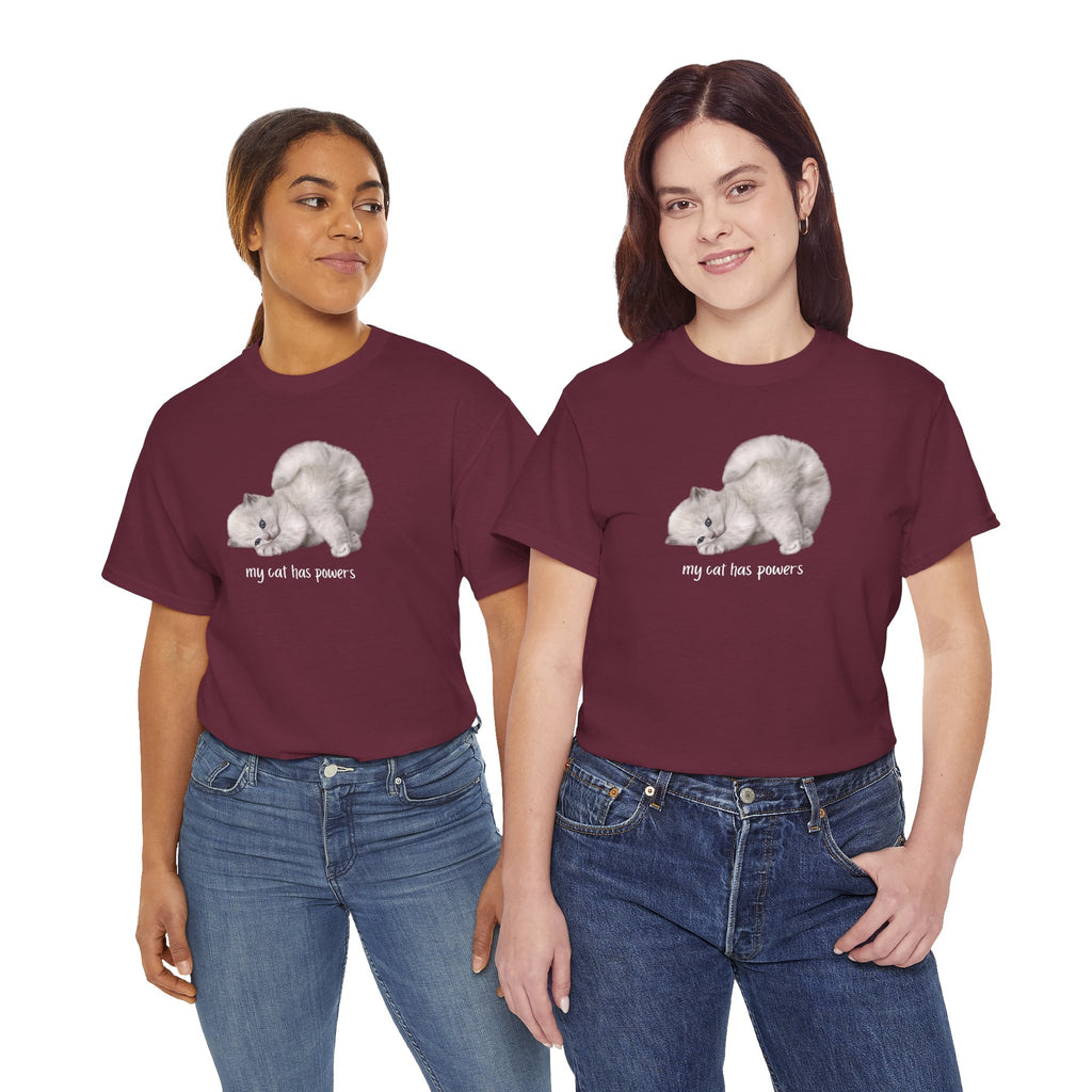 Cat T-Shirt – "My Cat Has Powers" Cute Stretching Cat Graphic Tee