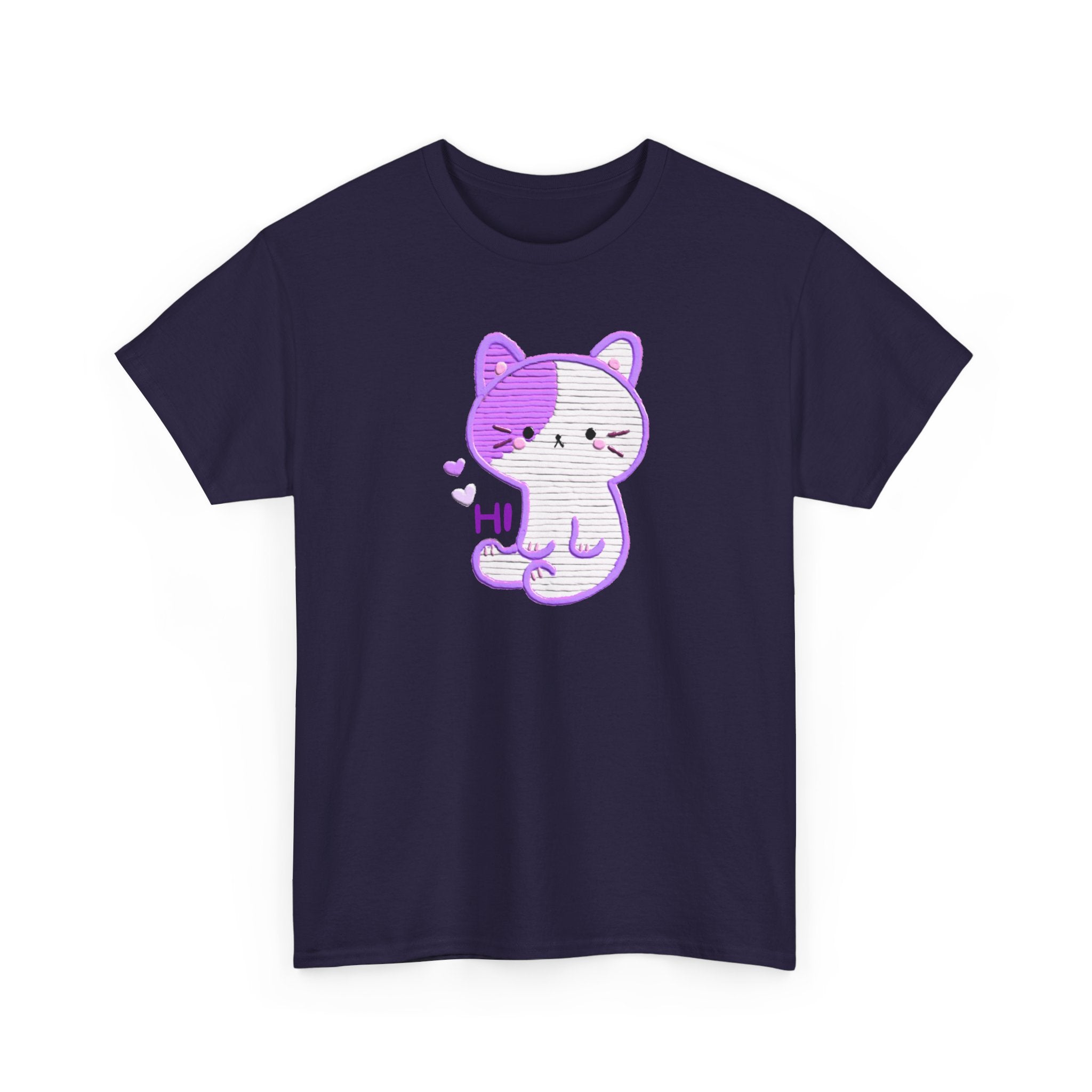 Cute Purple Cat “Hi” T-Shirt — Kawaii Kitten Graphic Tee