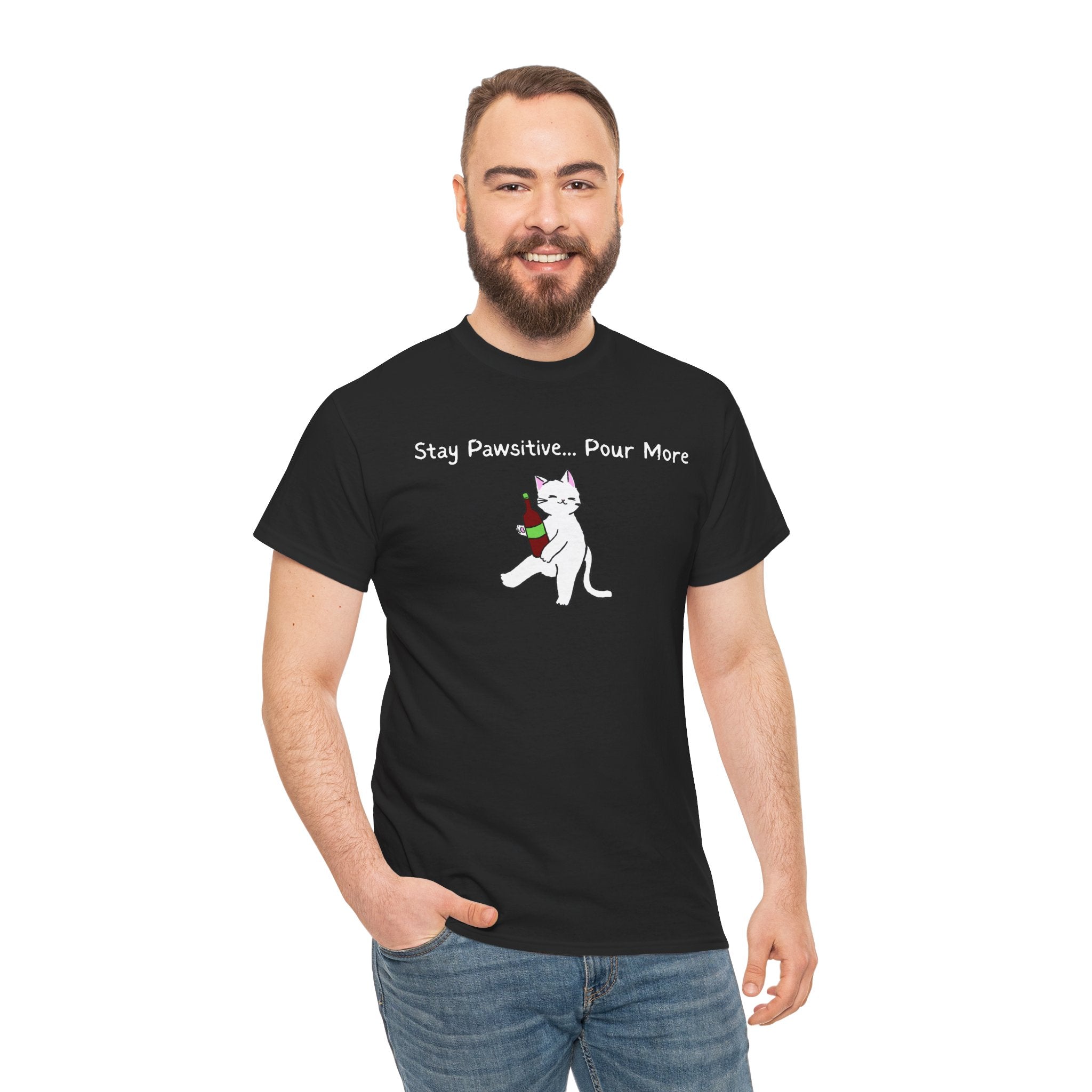 Cat Wine Tee - "Stay Pawsitive Pour More" Funny Cat Drinking T-Shirt