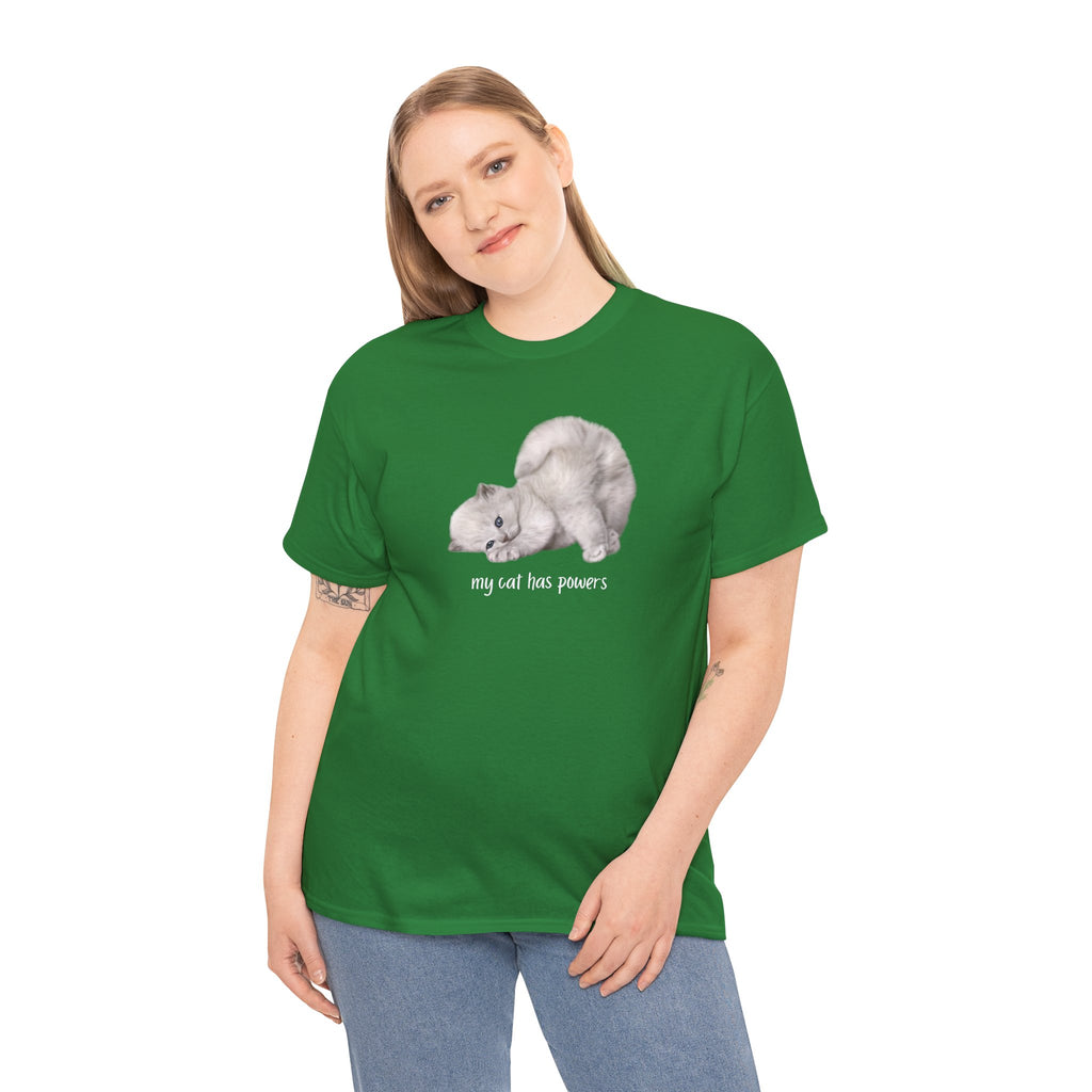 Cat T-Shirt – "My Cat Has Powers" Cute Stretching Cat Graphic Tee
