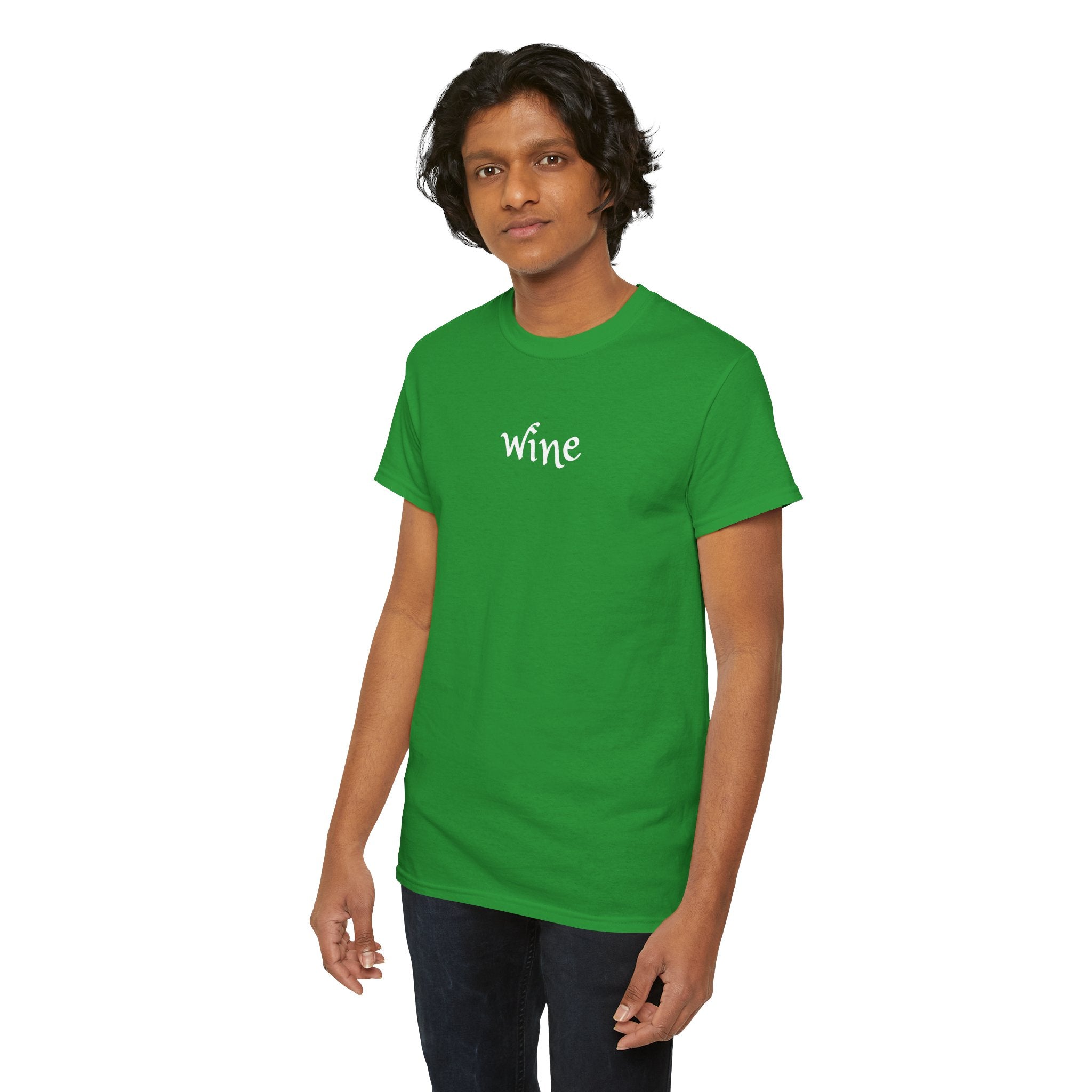 Wine Graphic Tee — Minimalist Small Chest 'wine' Text T‑Shirt