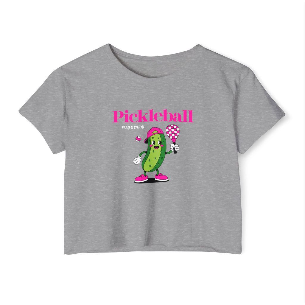 Pickleball Festival Crop Top — Cute Pickle Character Graphic Tee for Women