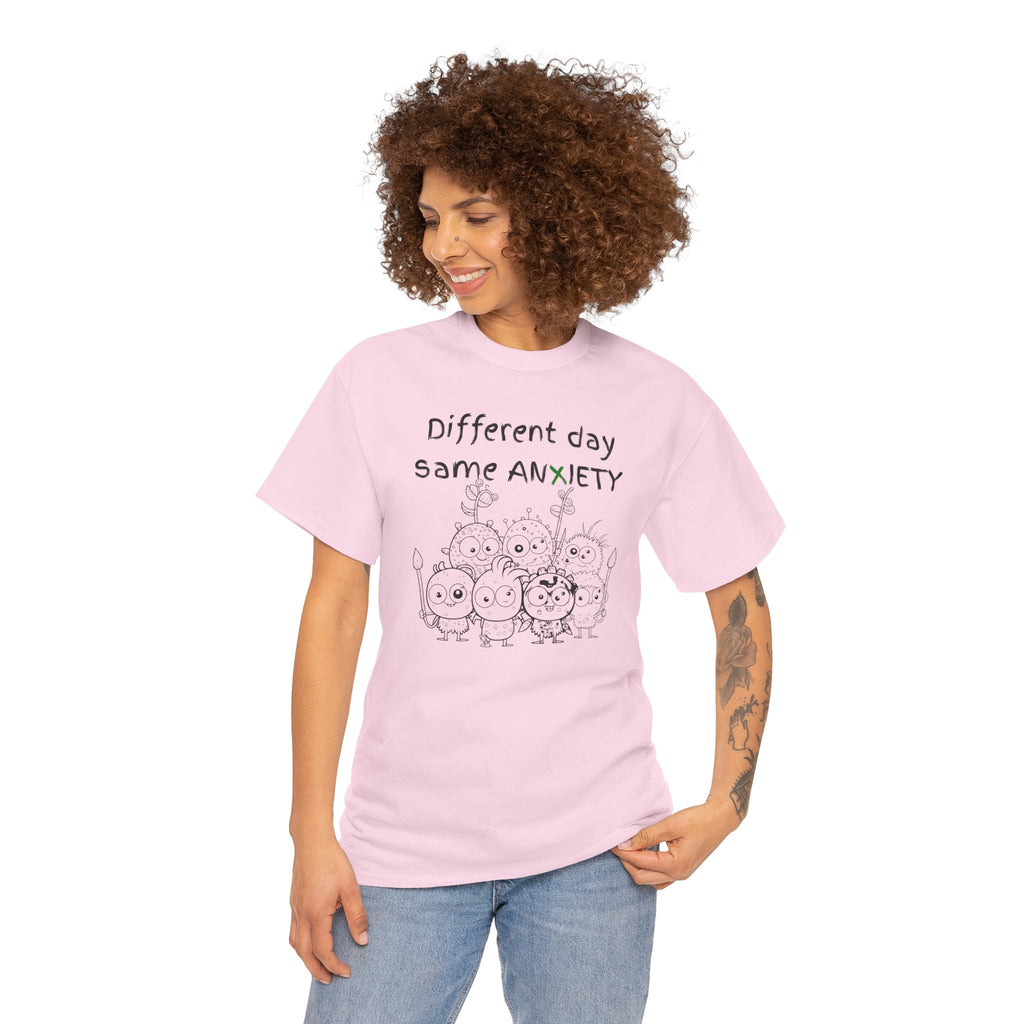 Anxiety Cartoon Tee — "Different day same ANXIETY" Mental Health Graphic T-Shirt