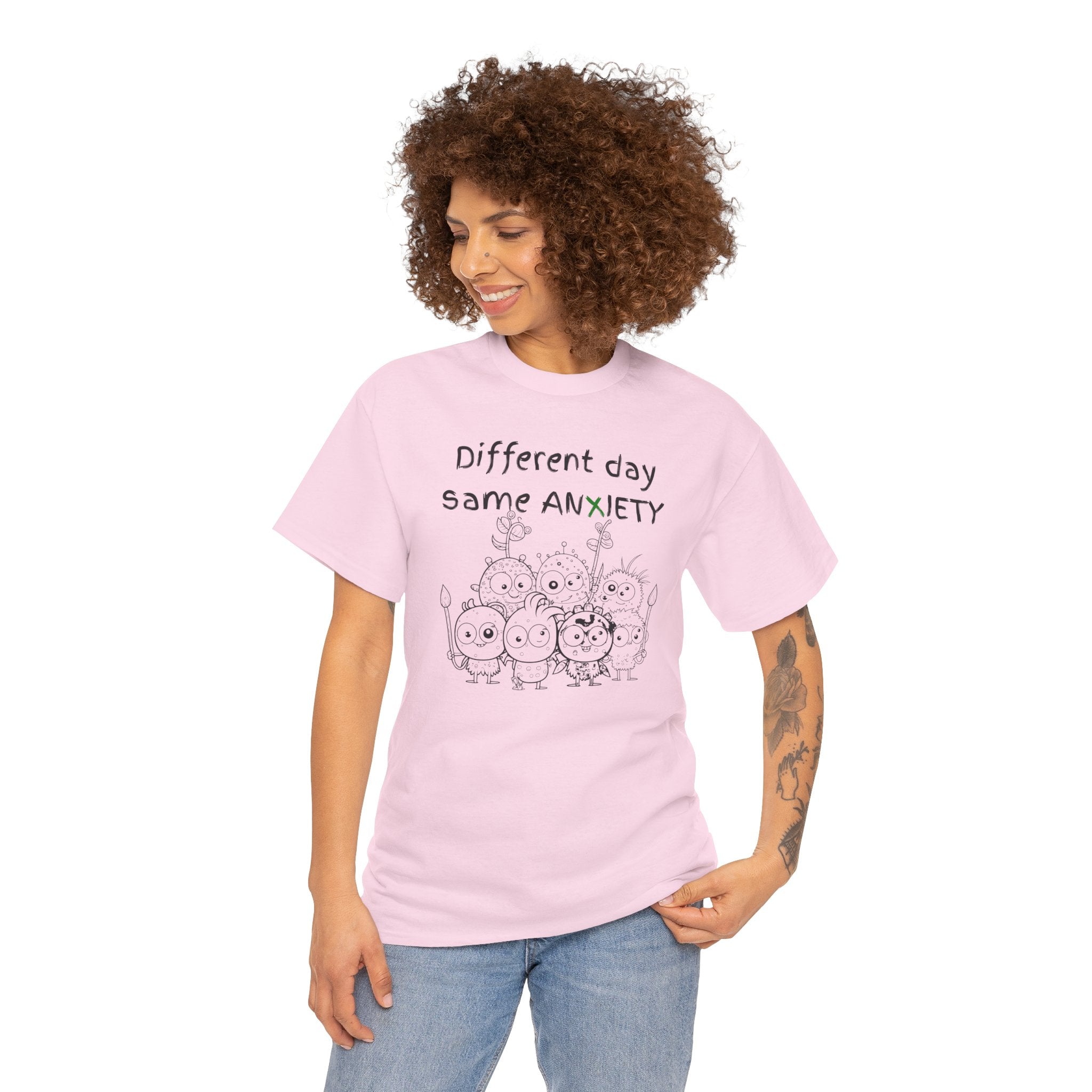Anxiety Cartoon Tee — "Different day same ANXIETY" Mental Health Graphic T-Shirt