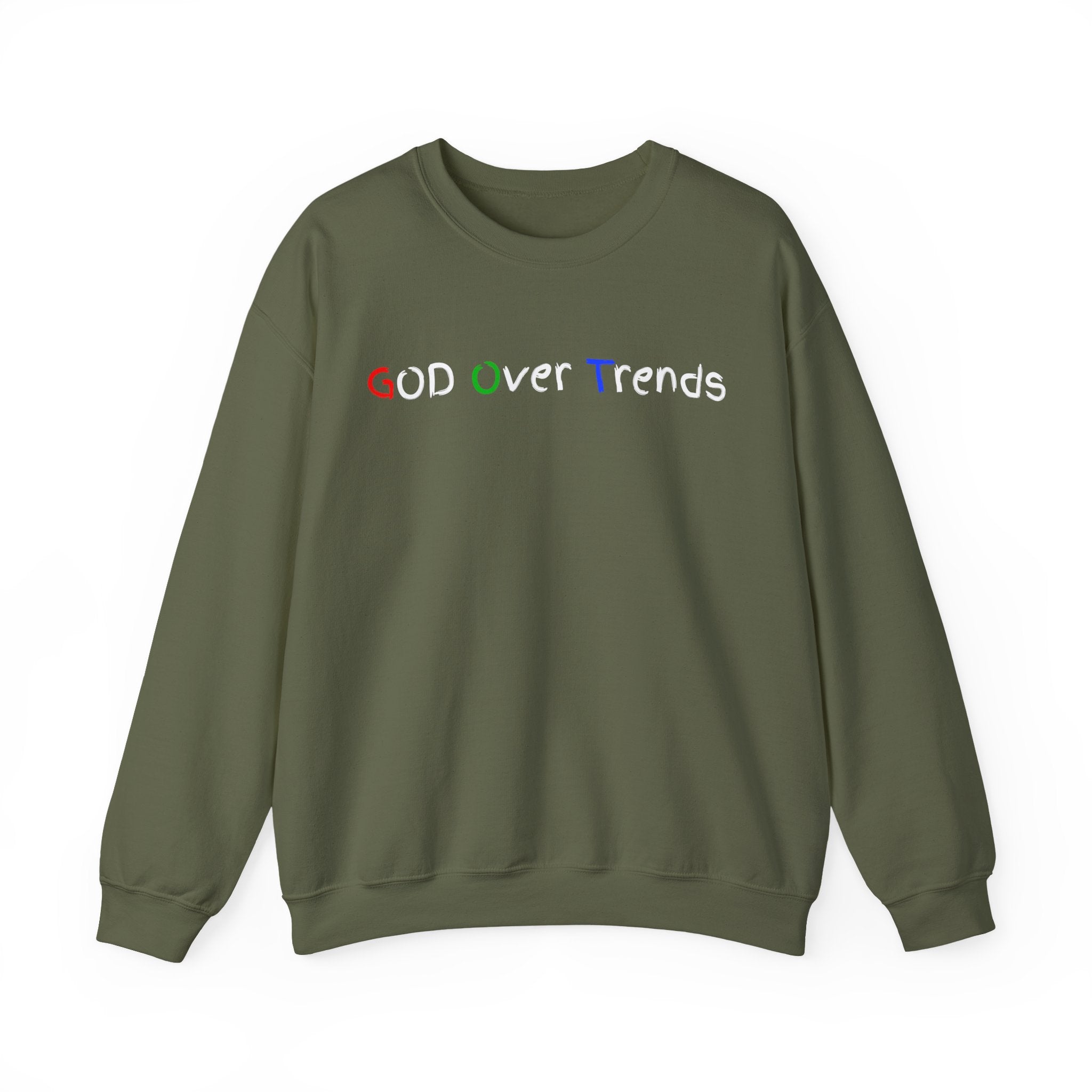 Crewneck Sweatshirt — "GOD over Trends" Colorful Faith Graphic
