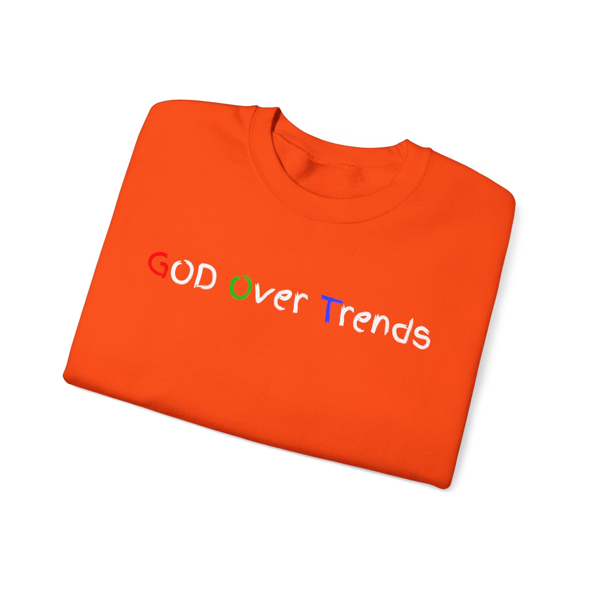 Crewneck Sweatshirt — "GOD over Trends" Colorful Faith Graphic