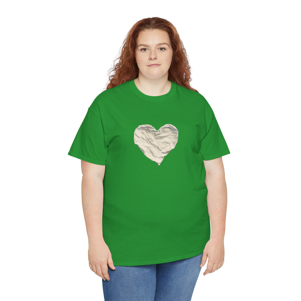 Crinkled Paper Heart Tee - Minimalist White Cotton Shirt