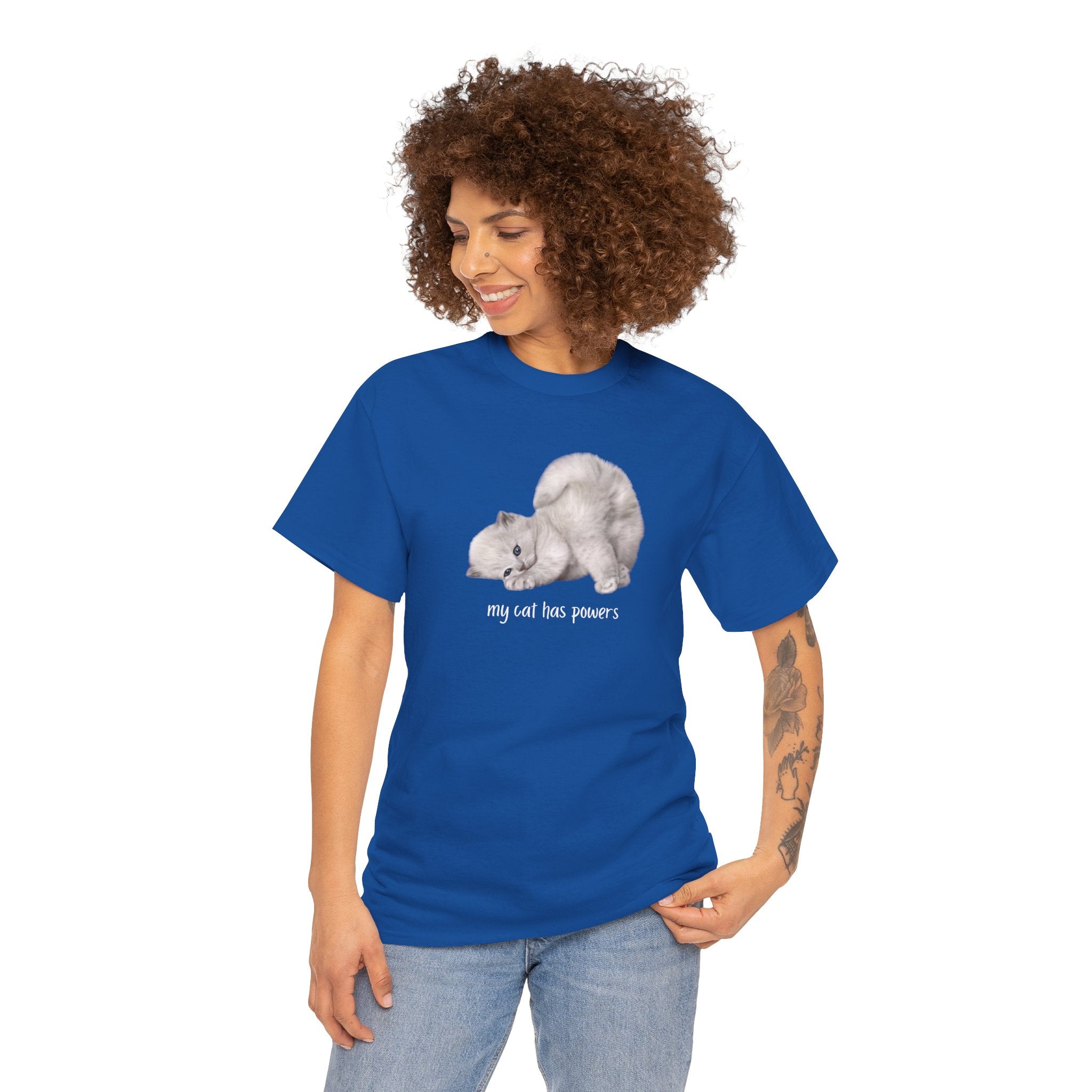Cat T-Shirt – "My Cat Has Powers" Cute Stretching Cat Graphic Tee
