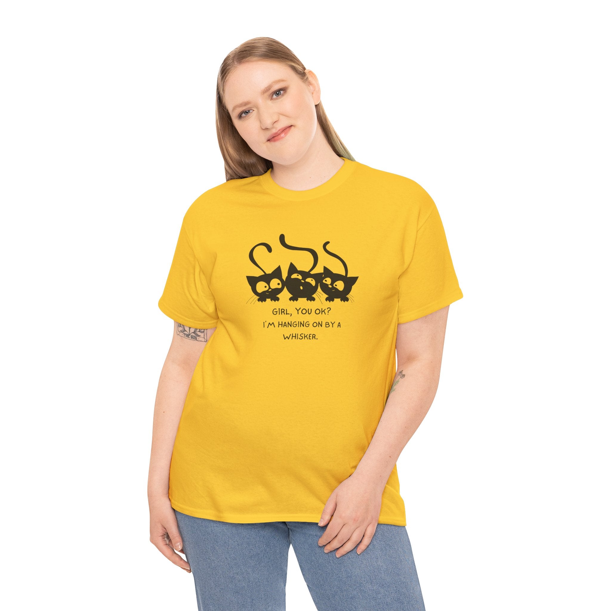 Cat Trio T‑Shirt – “Girl, You OK? I’m Hanging On By A Whisper” Cute Cat Graphic Tee