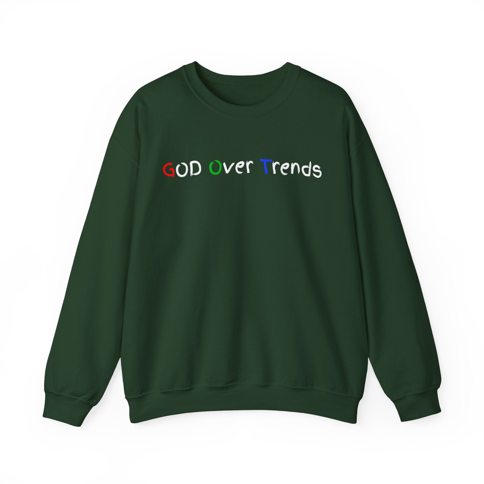 Crewneck Sweatshirt — "GOD over Trends" Colorful Faith Graphic