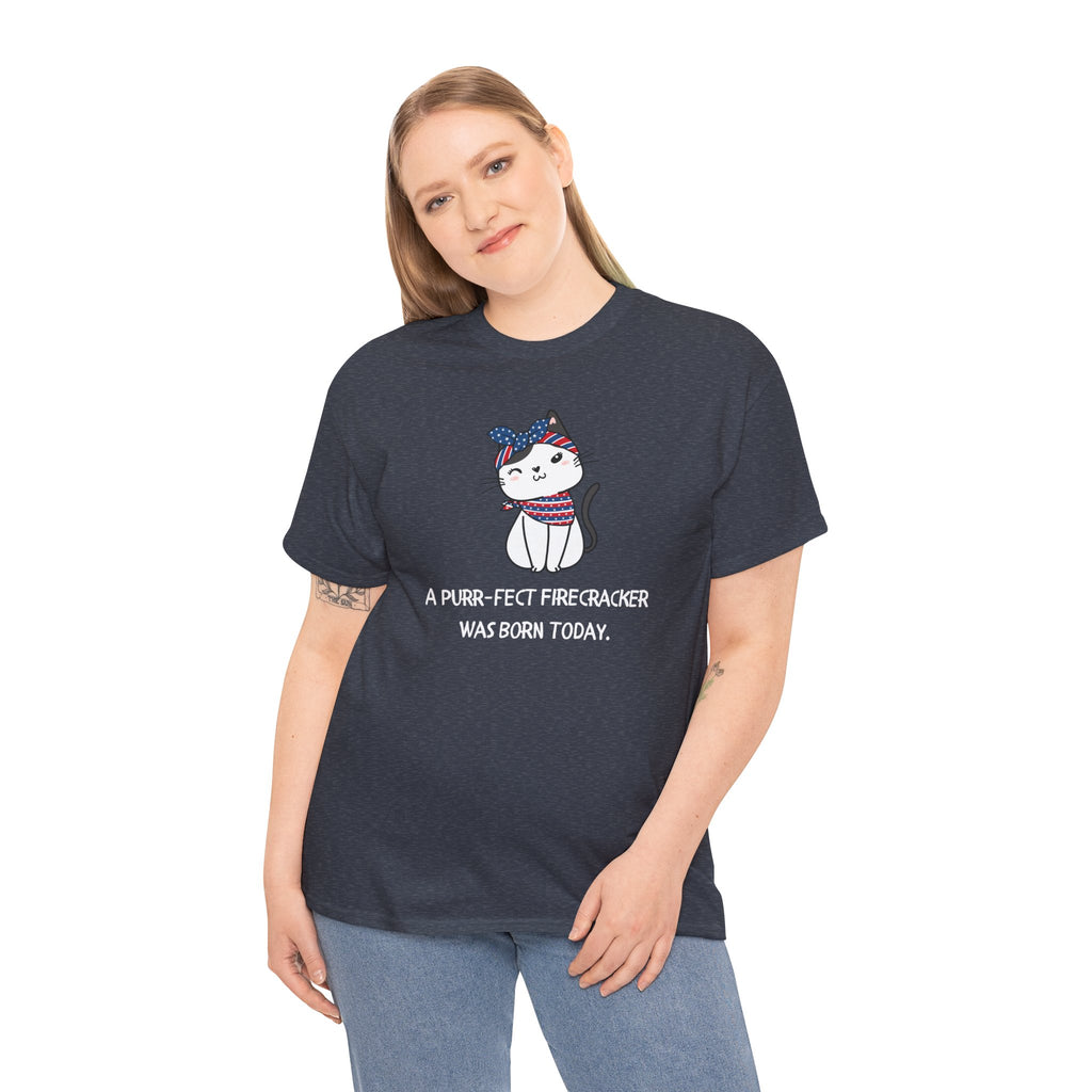 Cat Birthday Tee — "A Purr-fect Firecracker Was Born Today"
