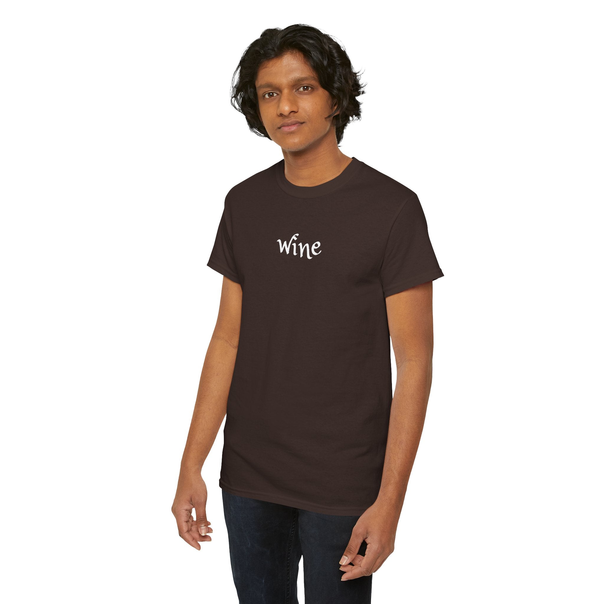 Wine Graphic Tee — Minimalist Small Chest 'wine' Text T‑Shirt