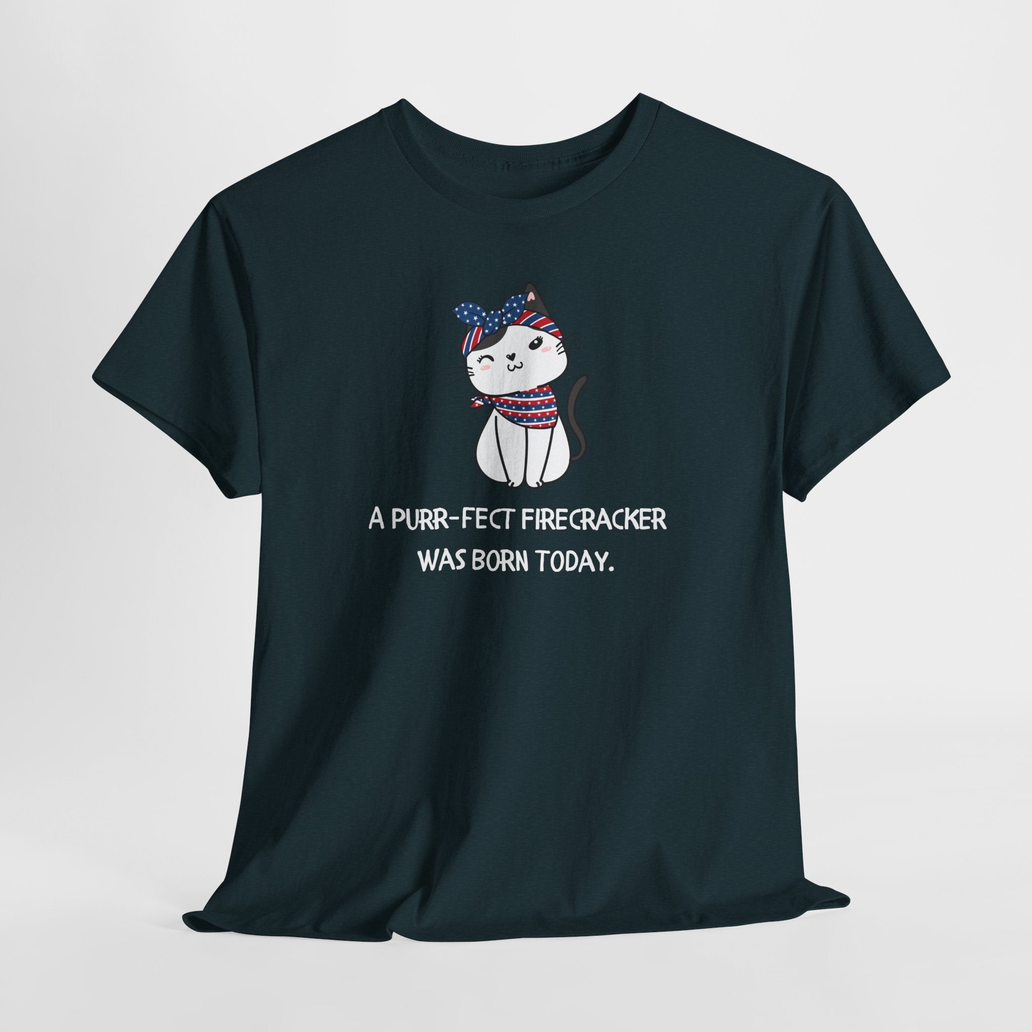 Cat Birthday Tee — "A Purr-fect Firecracker Was Born Today"