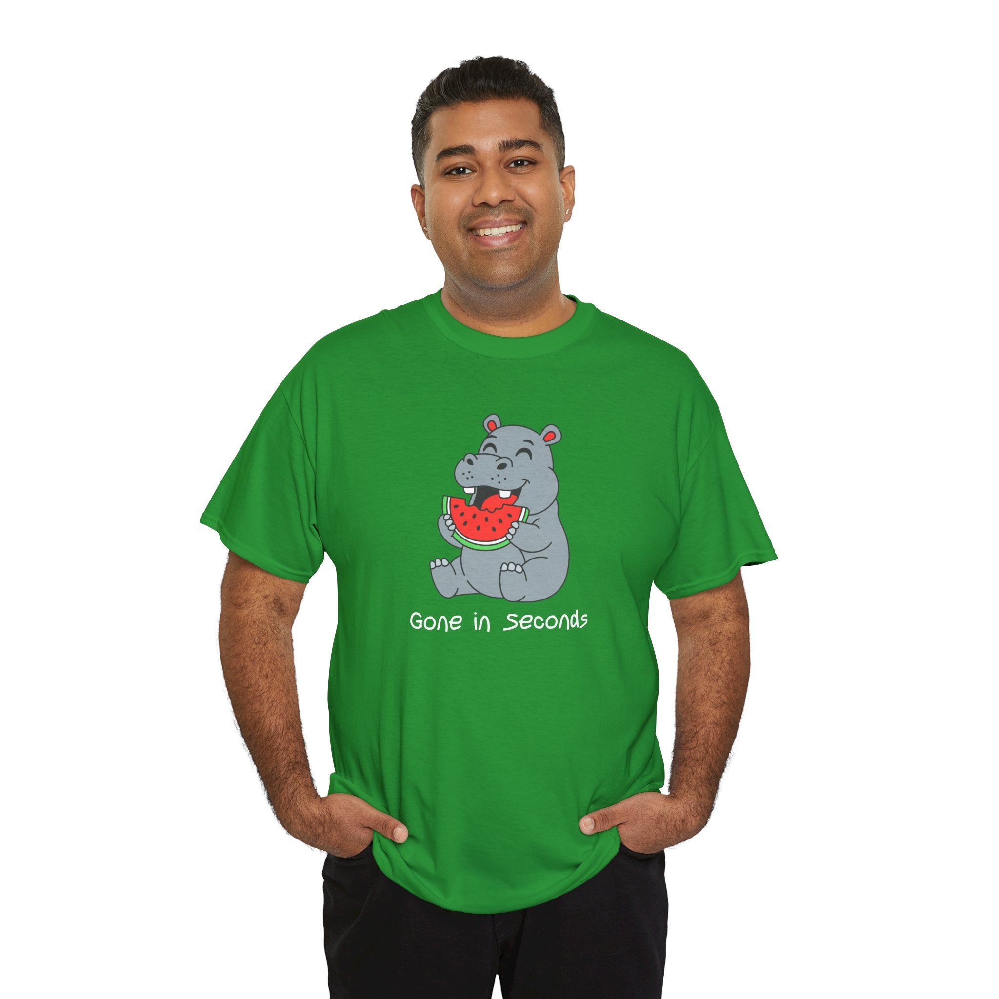 Hippo Eating Watermelon Tee — "Gone in Seconds" Cute Animal Graphic Shirt