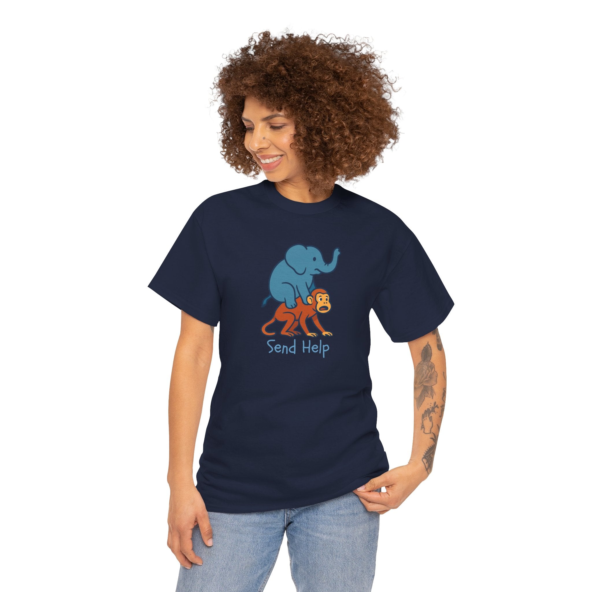 Funny Elephant Riding Monkey T-Shirt — "Send Help" Graphic Tee