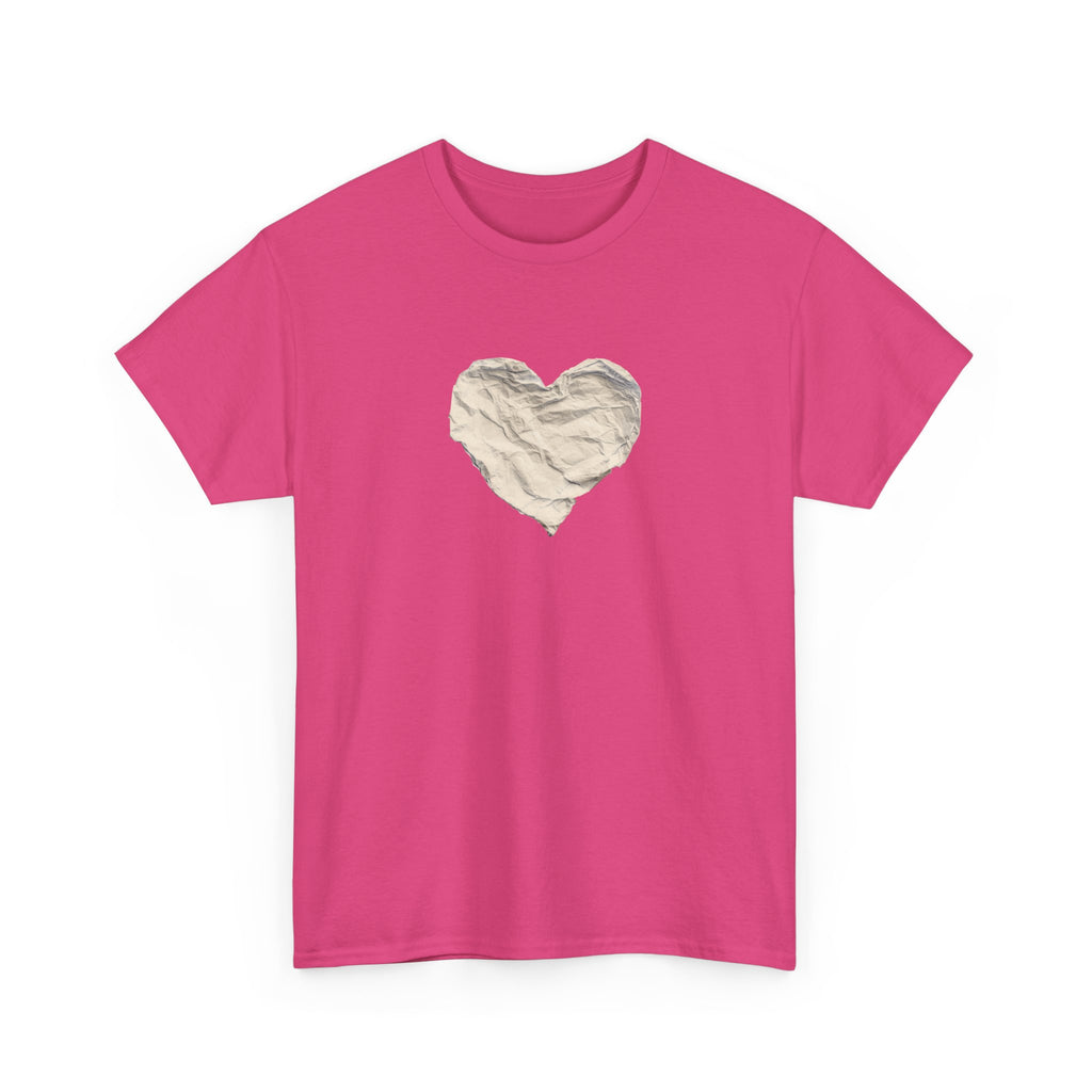 Crinkled Paper Heart Tee - Minimalist White Cotton Shirt