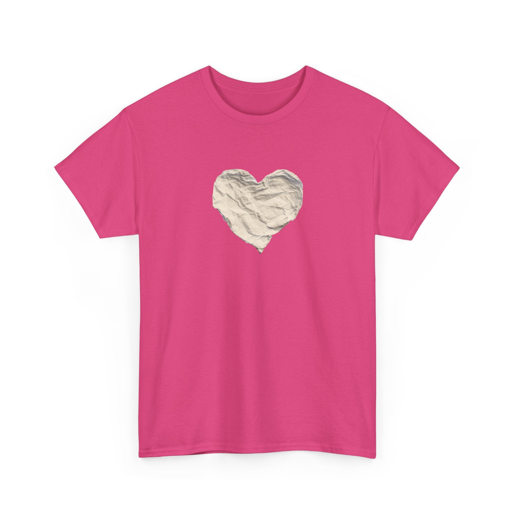 Crinkled Paper Heart Tee - Minimalist White Cotton Shirt