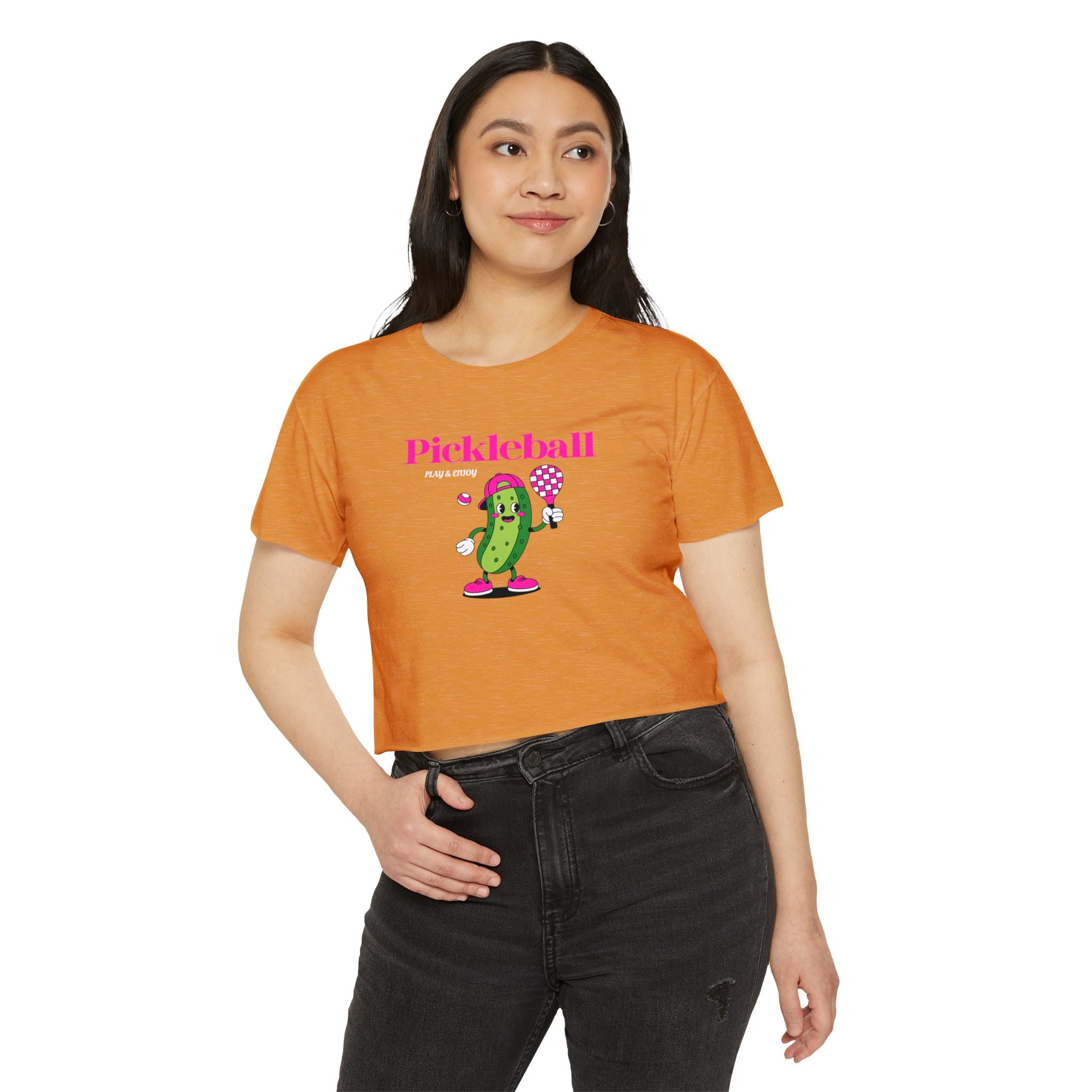 Pickleball Festival Crop Top — Cute Pickle Character Graphic Tee for Women