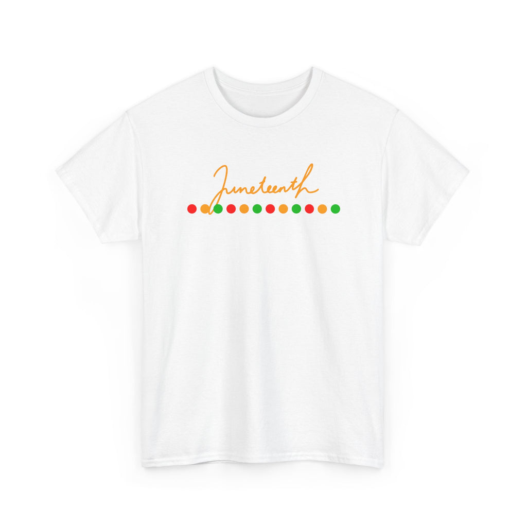 Juneteenth Script Tee — Juneteenth Celebration T-Shirt with Red, Green & Gold Dot Accent