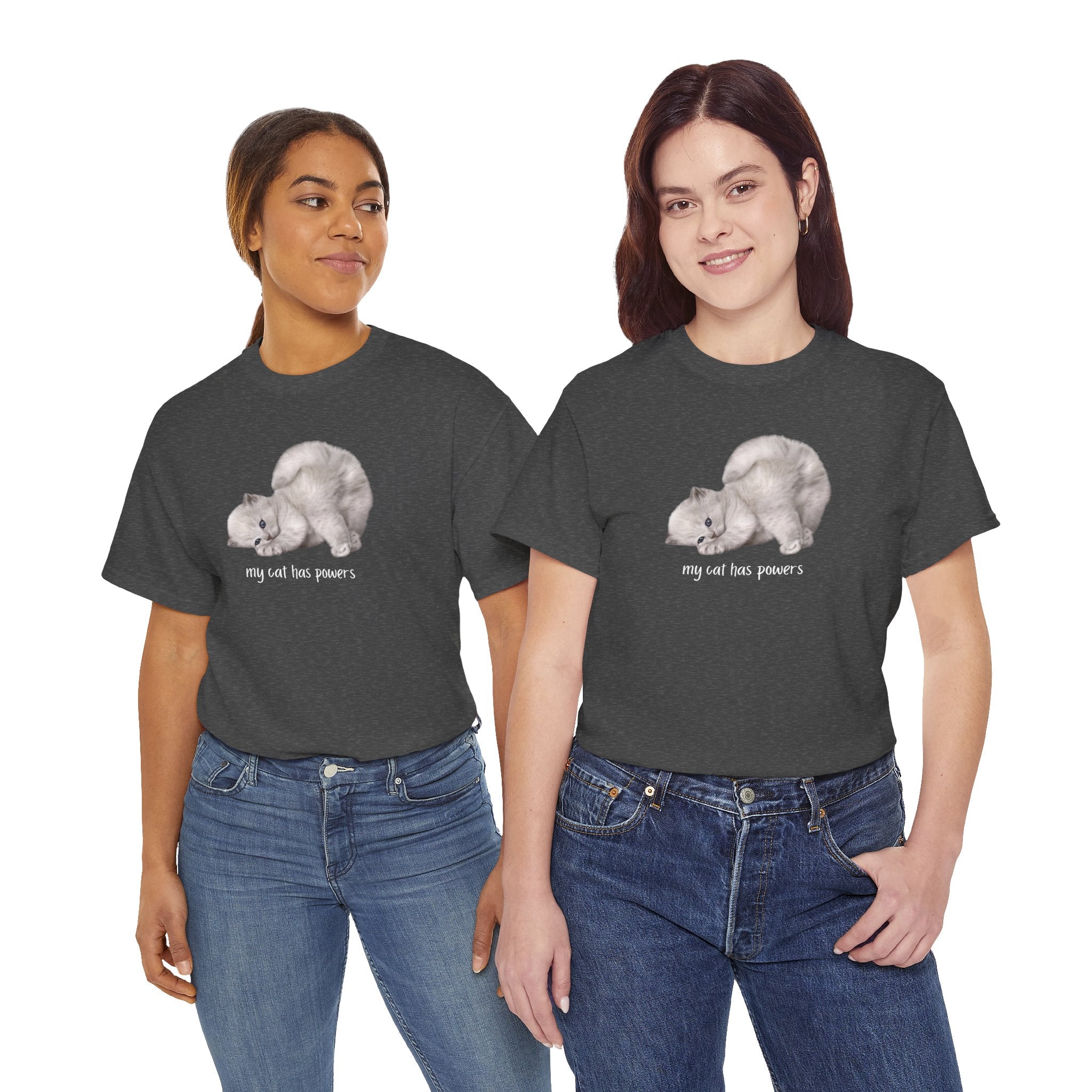 Cat T-Shirt – "My Cat Has Powers" Cute Stretching Cat Graphic Tee