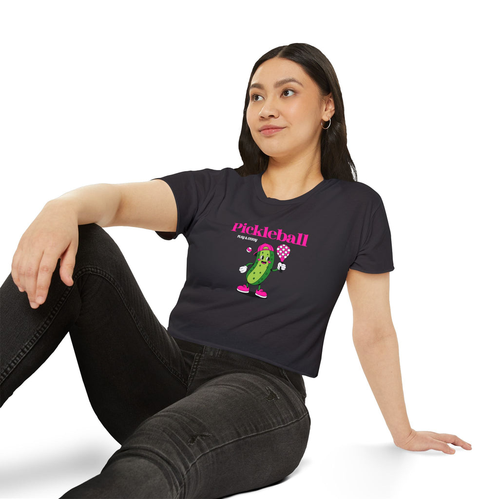 Pickleball Festival Crop Top — Cute Pickle Character Graphic Tee for Women