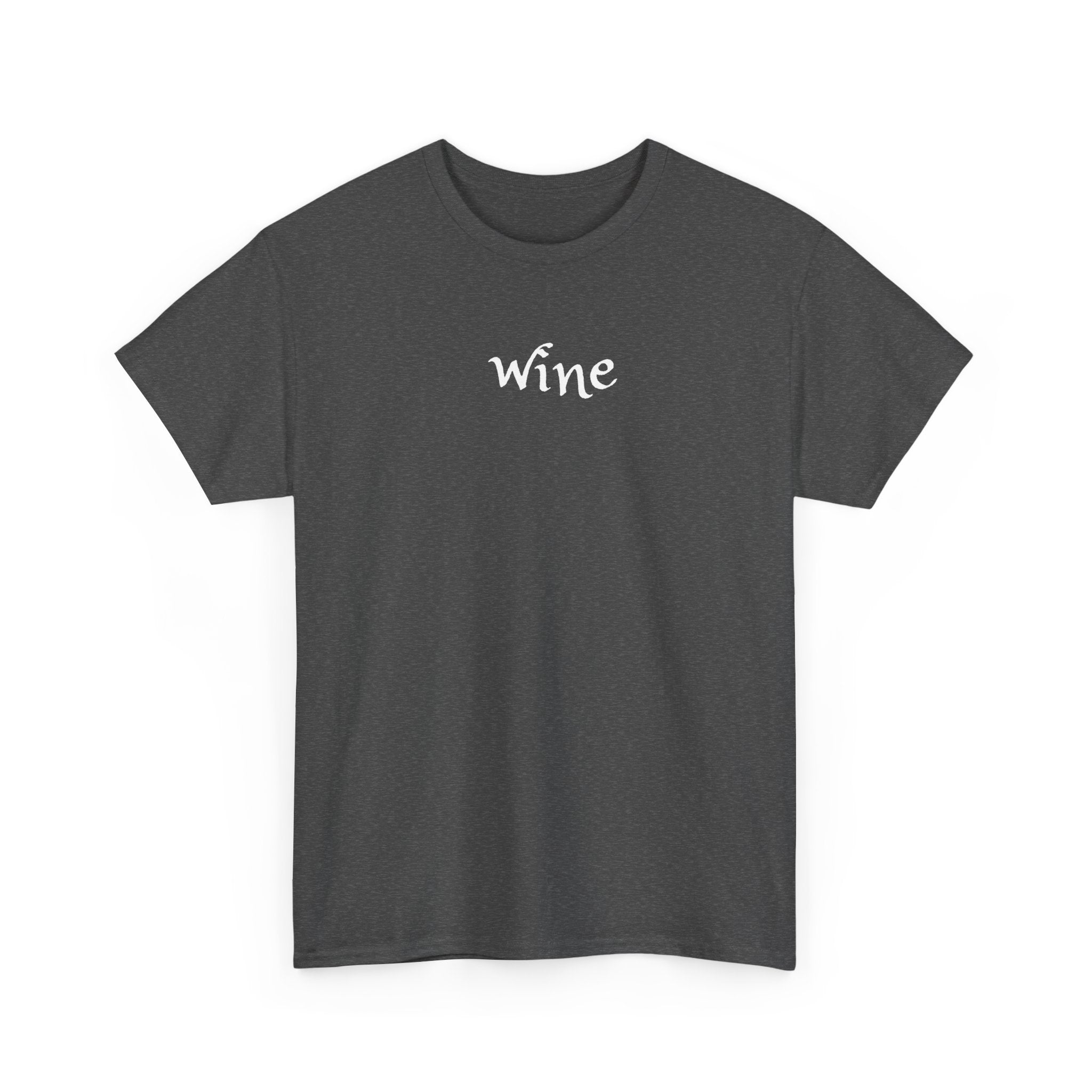 Wine Graphic Tee — Minimalist Small Chest 'wine' Text T‑Shirt