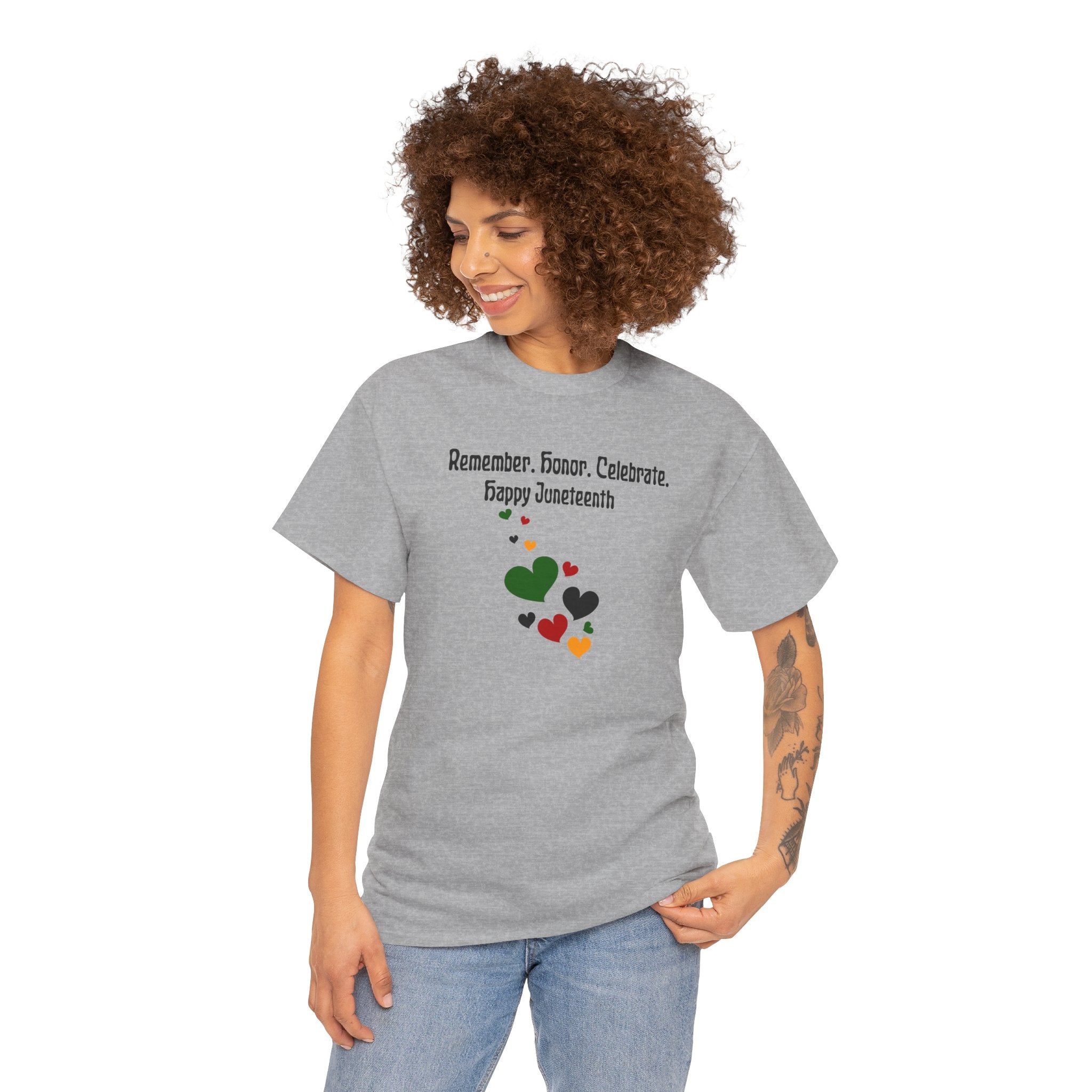 Juneteenth Celebration T‑Shirt — "Remember. Honor. Celebrate. Happy Juneteenth" with Pan-African Heart Design