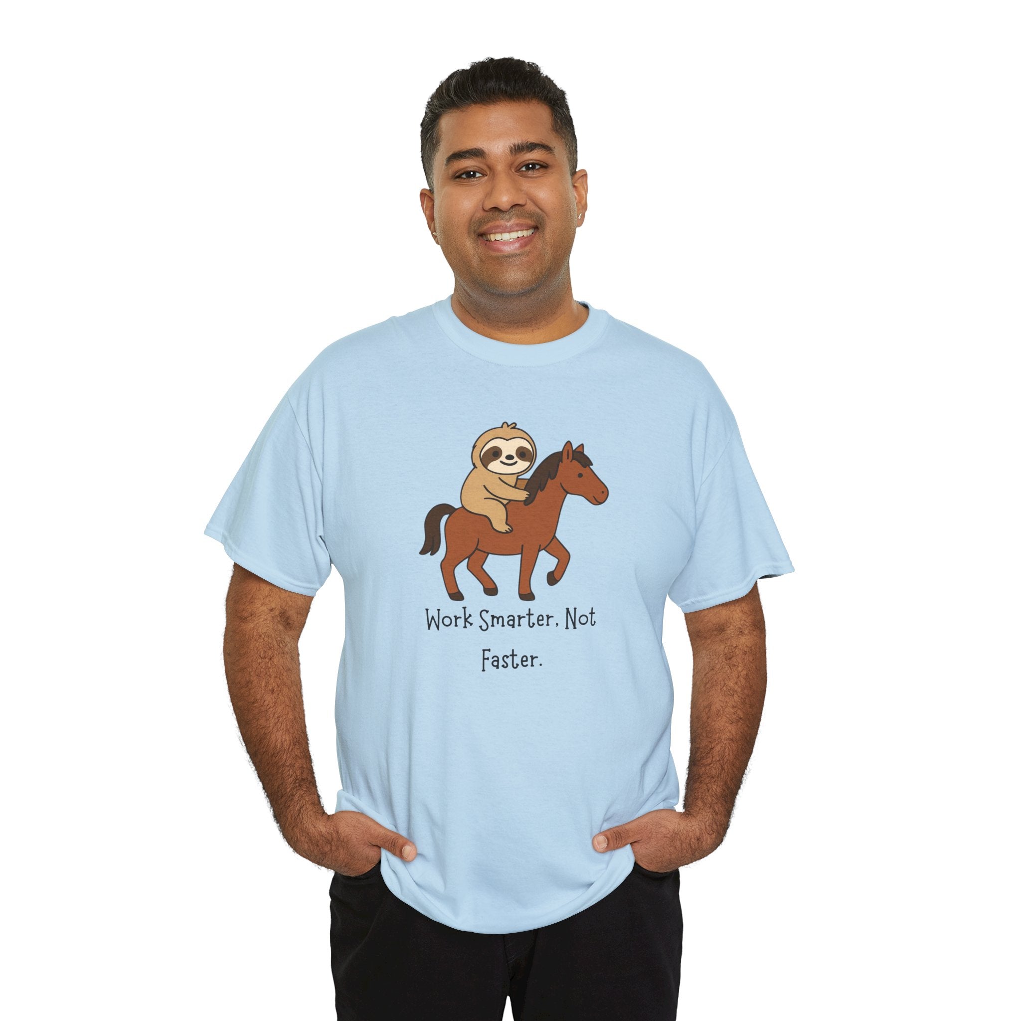 Sloth on Horse Tee — "Work Smarter, Not Faster" Cute Casual Graphic T-Shirt