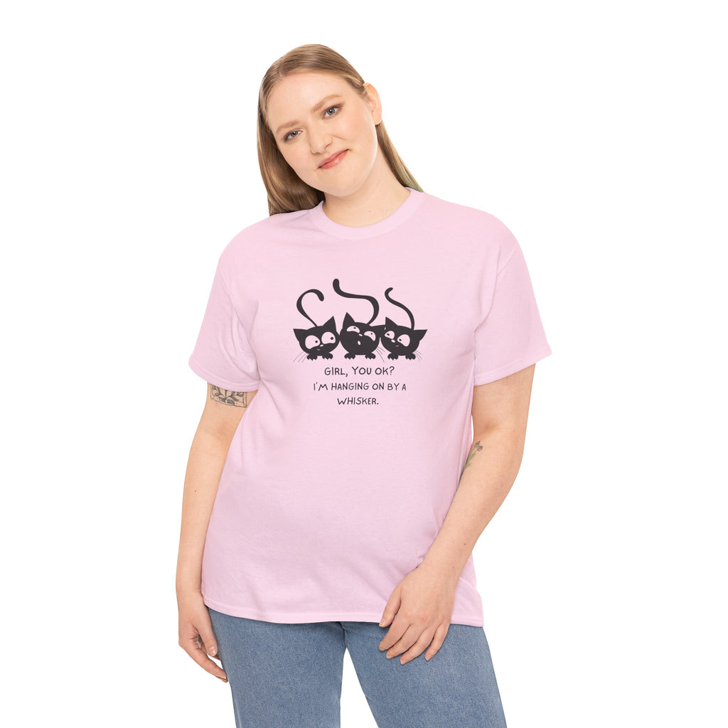Cat Trio T‑Shirt – “Girl, You OK? I’m Hanging On By A Whisper” Cute Cat Graphic Tee