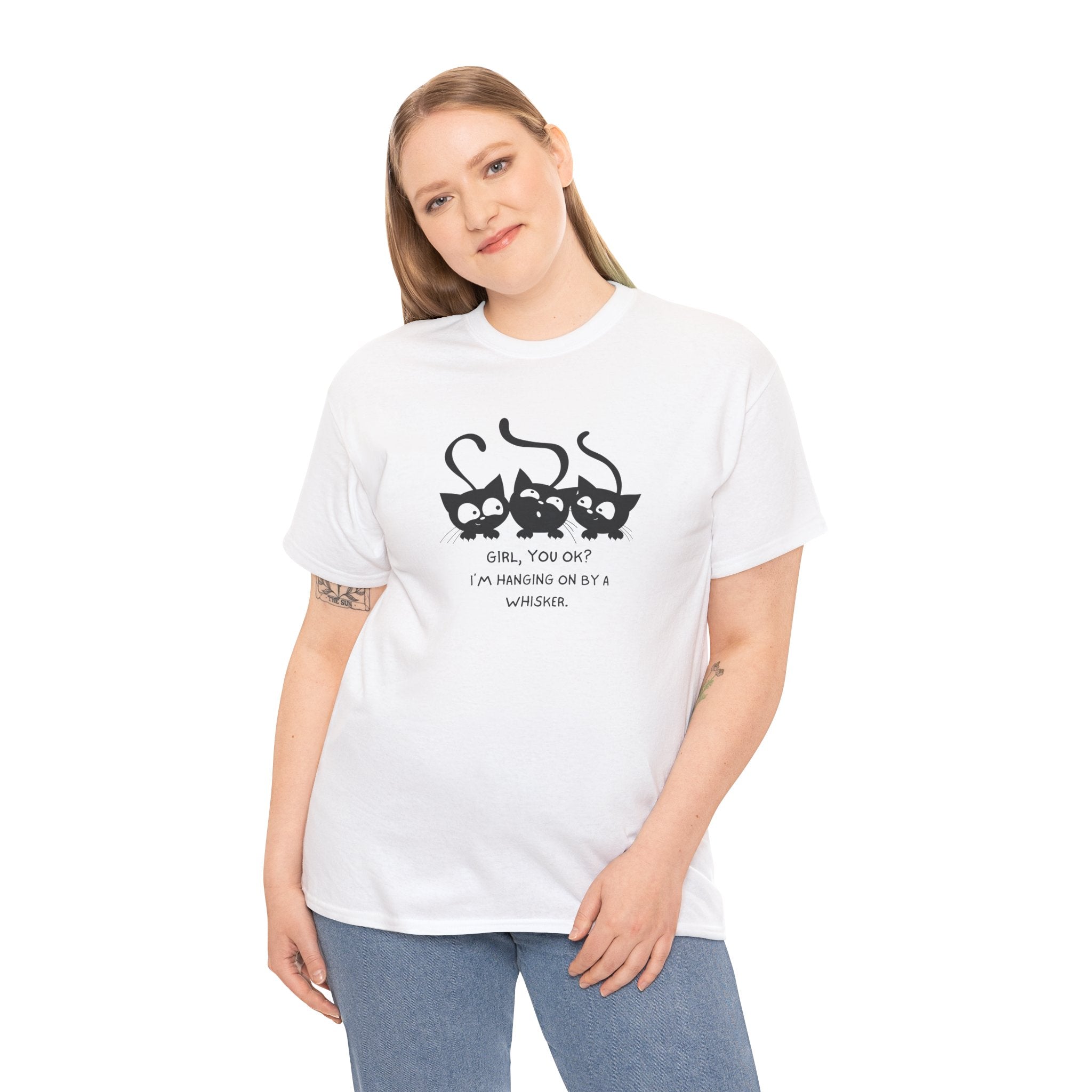 Cat Trio T‑Shirt – “Girl, You OK? I’m Hanging On By A Whisper” Cute Cat Graphic Tee