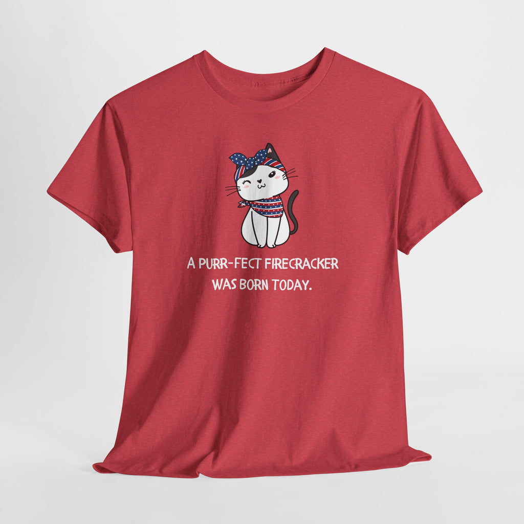 Cat Birthday Tee — "A Purr-fect Firecracker Was Born Today"