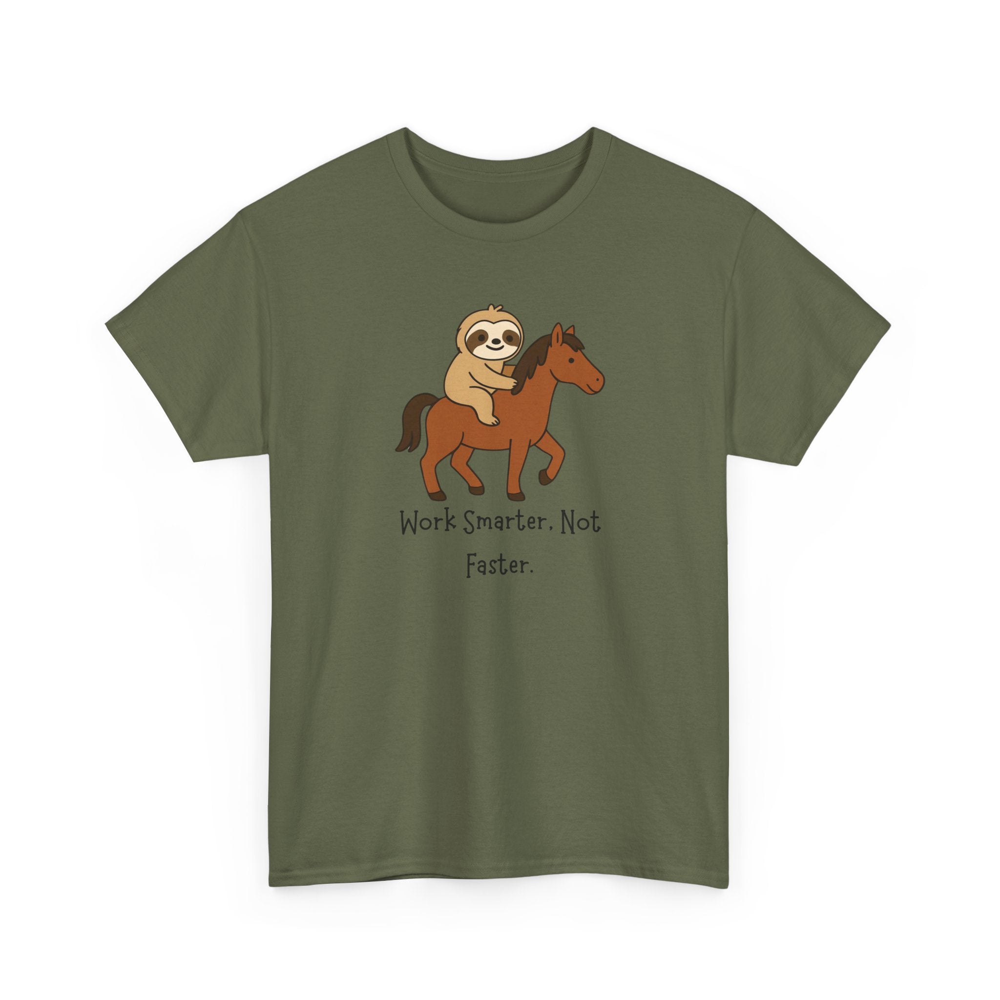 Sloth on Horse Tee — "Work Smarter, Not Faster" Cute Casual Graphic T-Shirt