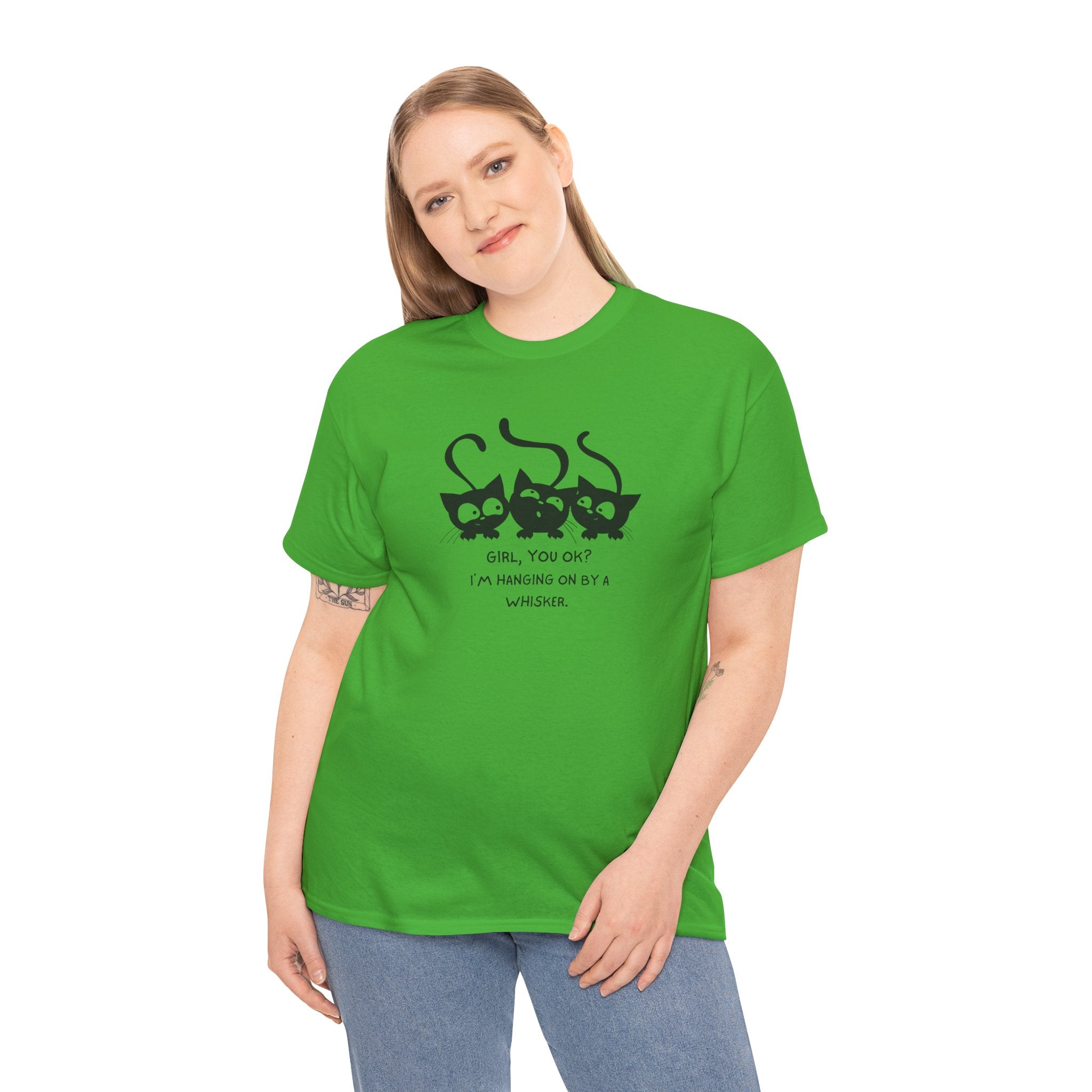 Cat Trio T‑Shirt – “Girl, You OK? I’m Hanging On By A Whisper” Cute Cat Graphic Tee