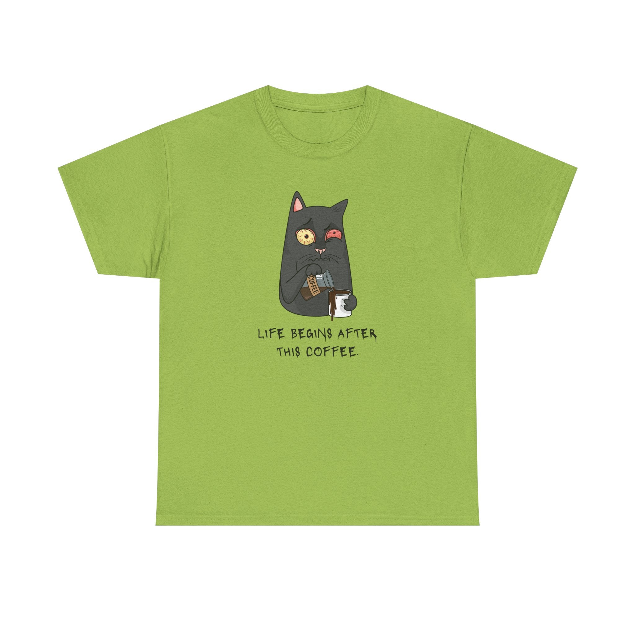 Cat Coffee T-Shirt — "Life Begins After This Coffee" Cute Cat Graphic Tee