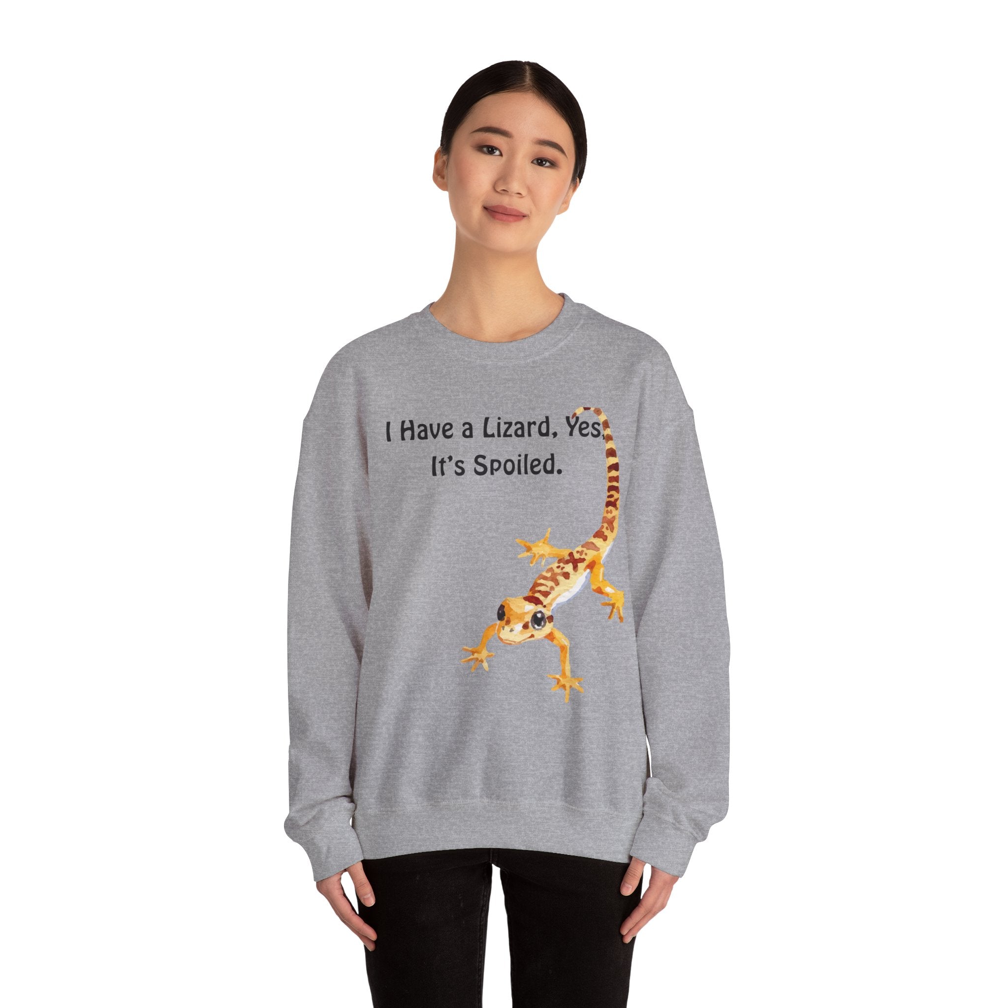 Leopard Gecko Crewneck Sweatshirt - "I Have a Lizard. Yes. It's Spoiled." Cute Pet Reptile Sweatshirt