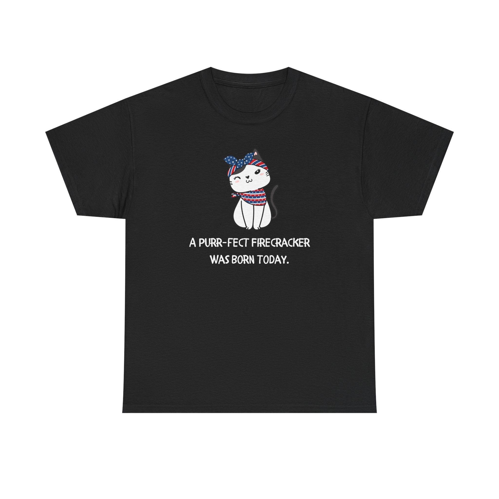 Cat Birthday Tee — "A Purr-fect Firecracker Was Born Today"