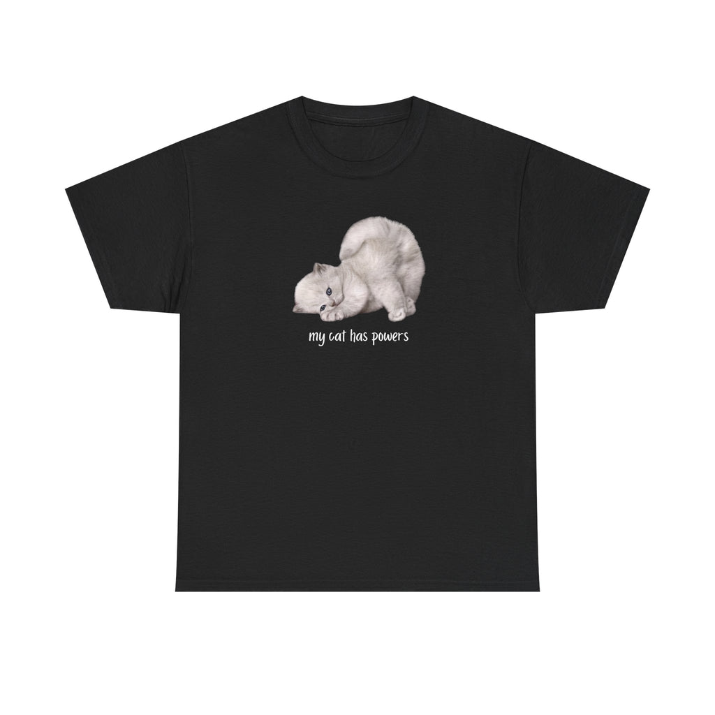 Cat T-Shirt – "My Cat Has Powers" Cute Stretching Cat Graphic Tee