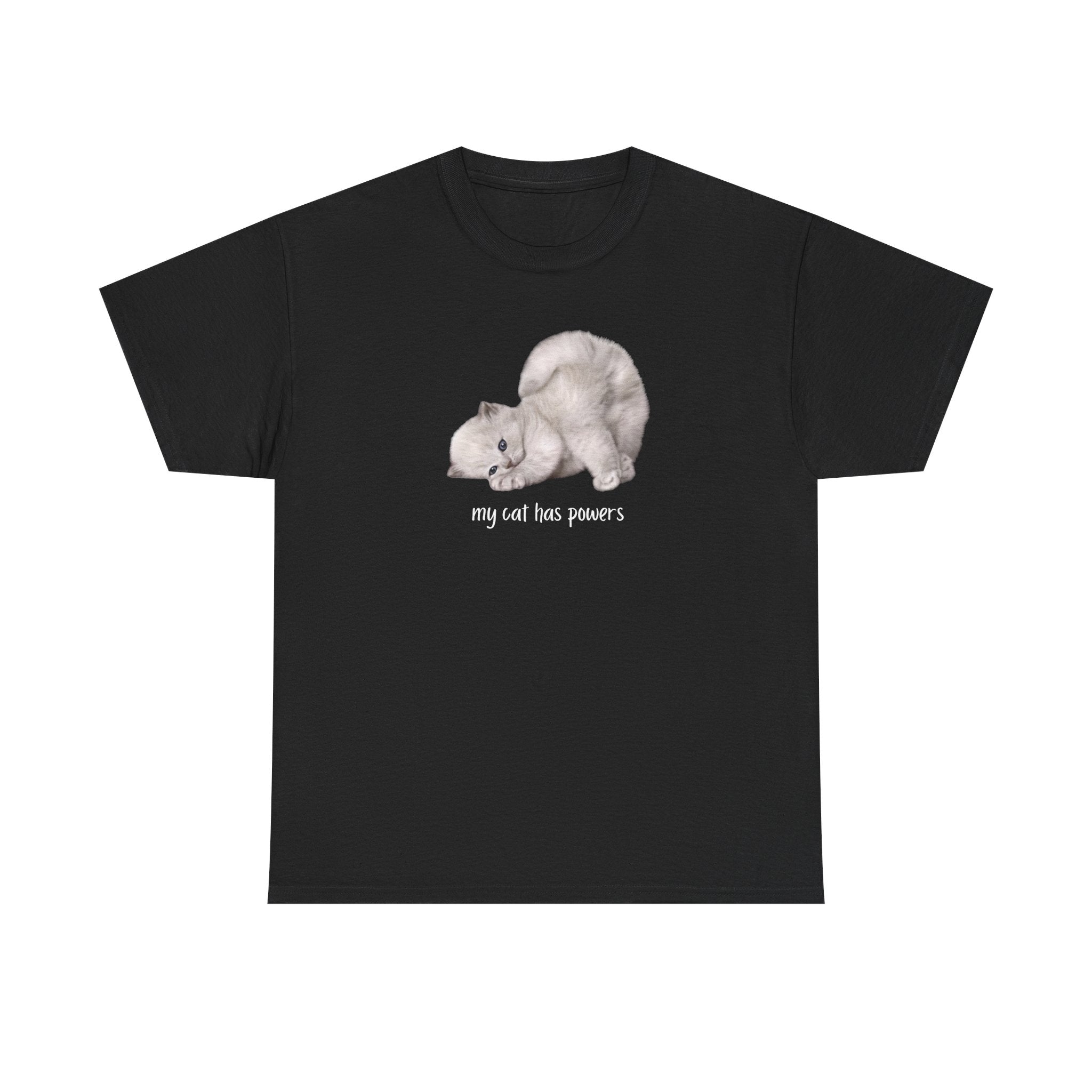 Cat T-Shirt – "My Cat Has Powers" Cute Stretching Cat Graphic Tee
