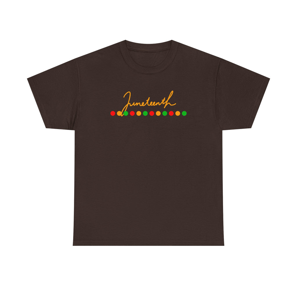 Juneteenth Script Tee — Juneteenth Celebration T-Shirt with Red, Green & Gold Dot Accent