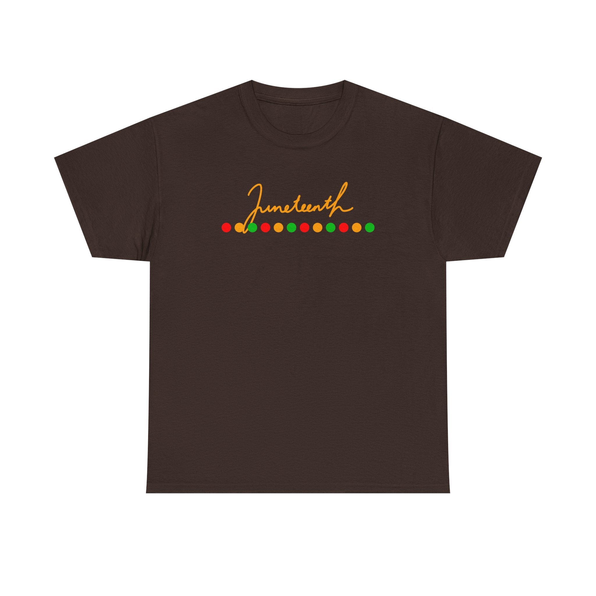 Juneteenth Script Tee — Juneteenth Celebration T-Shirt with Red, Green & Gold Dot Accent